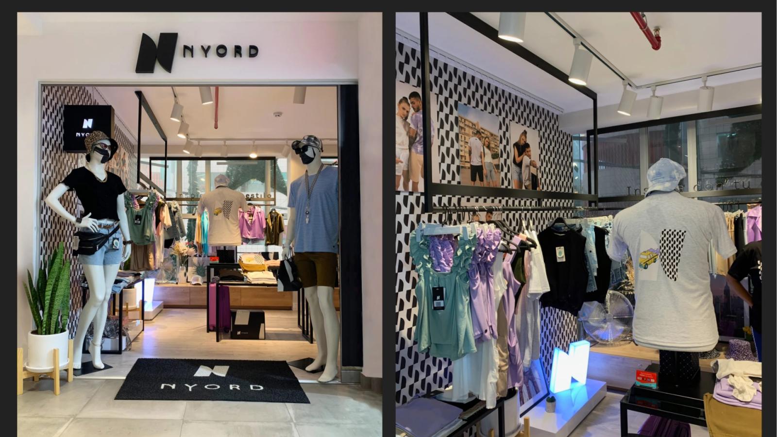Fotografías de tienda física NYORD mostrando fachada con maniquíes y felpudo de bienvenida junto a vista interior con percheros de ropa paredes con patrón geométrico y exhibición de prendas de moda urbana