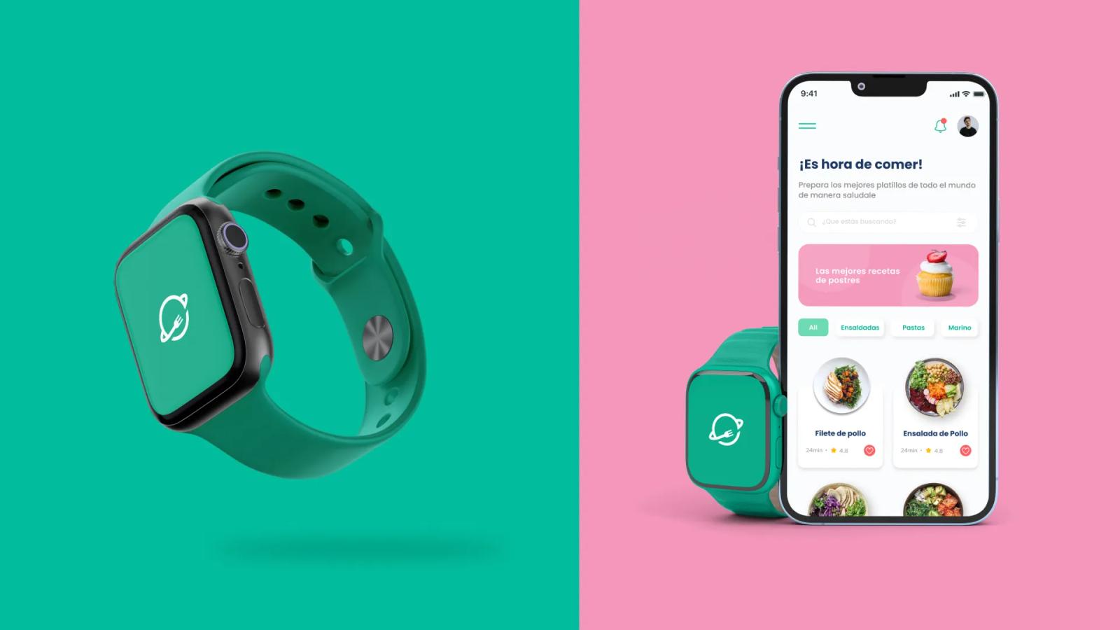 Reloj inteligente y teléfono mostrando la aplicación móvil