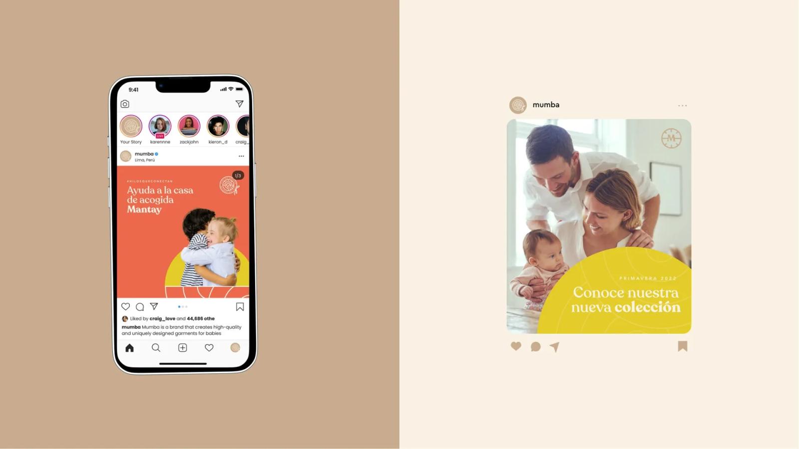Mockup de aplicación móvil mostrando contenido visual de la marca