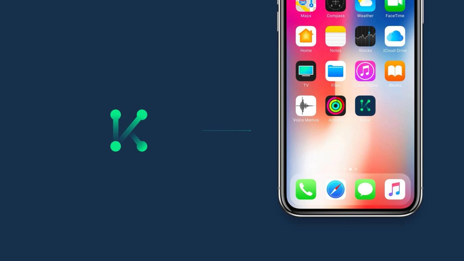 Visualización del icono de app de Kairos mostrando el isotipo verde y su implementación en la interfaz de pantalla de inicio de un iPhone entre aplicaciones nativas sobre fondo oscuro