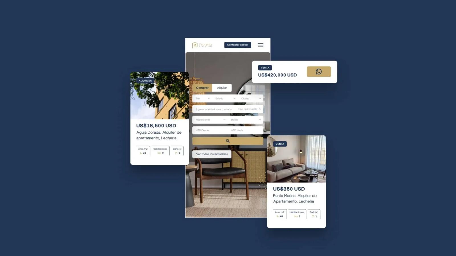 Interfaz móvil para búsqueda inmobiliaria de Proyekta Real Estate mostrando filtros de ubicación y tarjetas de propiedades en venta y alquiler con precios en dólares sobre fondo azul oscuro