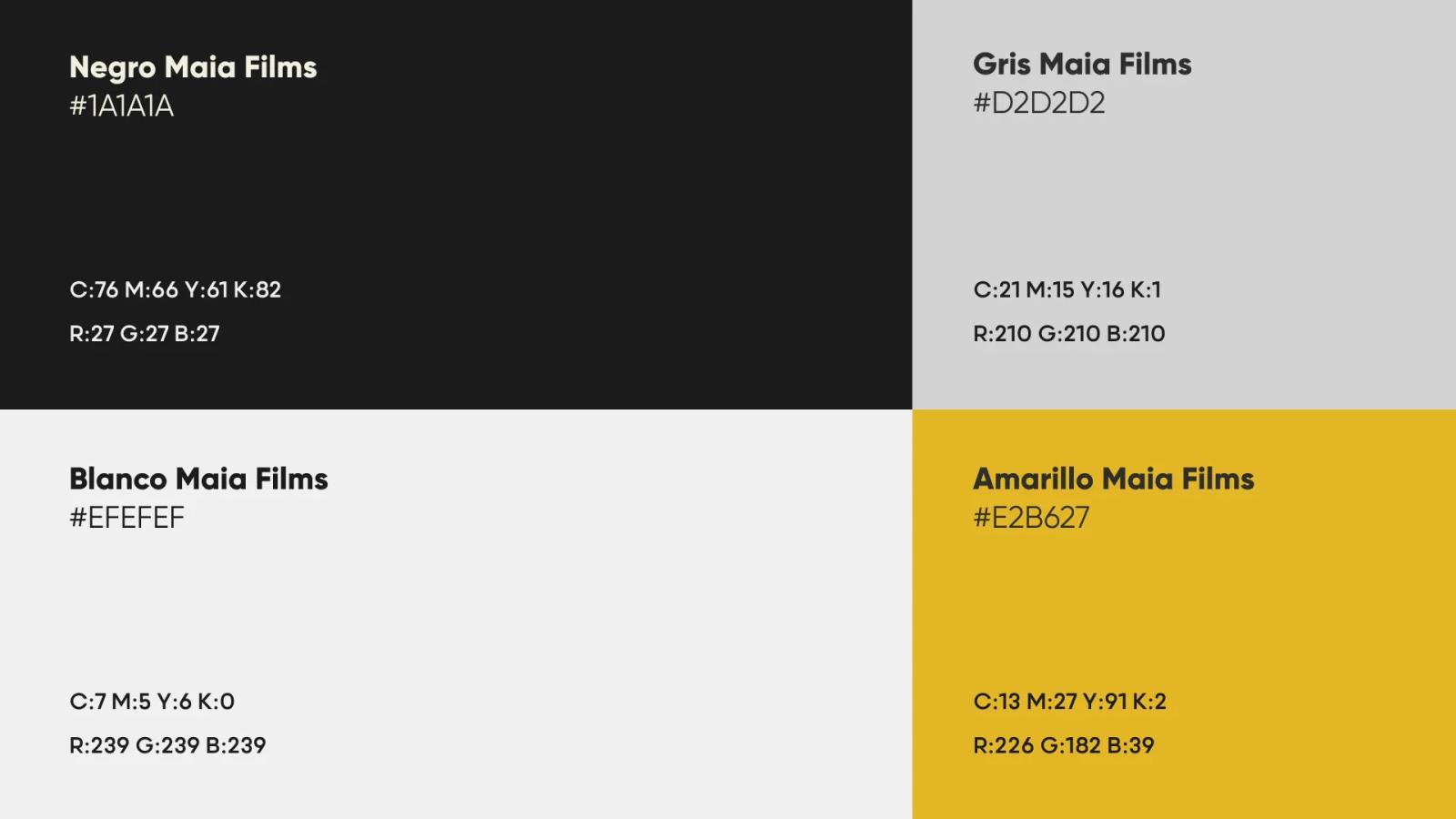 Paleta de colores corporativa de Maia Films mostrando bloques en negro gris blanco y amarillo con sus respectivos códigos hexadecimales RGB y CMYK para identidad de marca