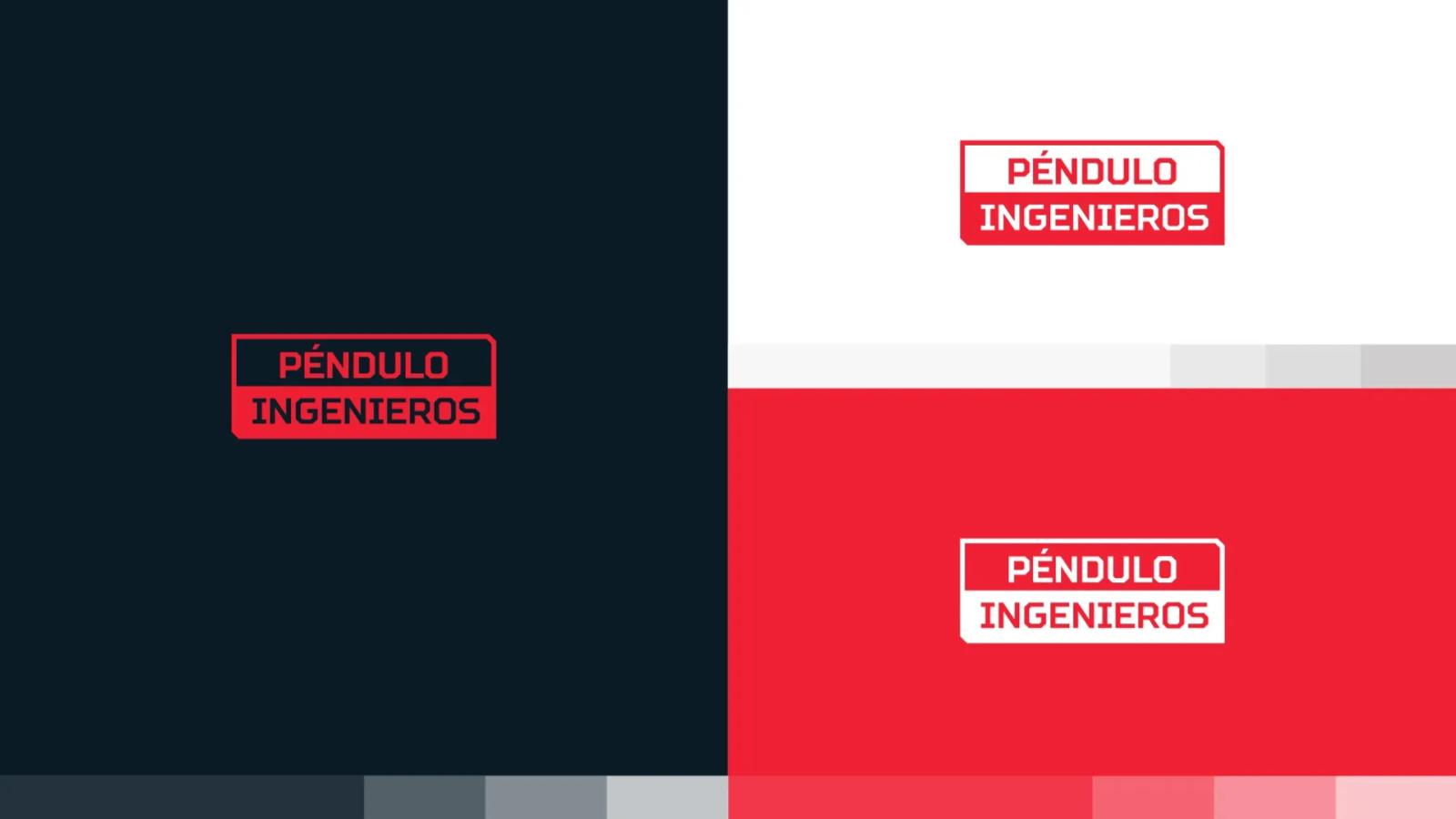Variaciones del logotipo de 'Péndulo Ingenieros' presentadas en tres bloques de color: una versión roja sobre fondo negro a la izquierda, y dos versiones a la derecha, una roja sobre blanco y otra blanca sobre rojo