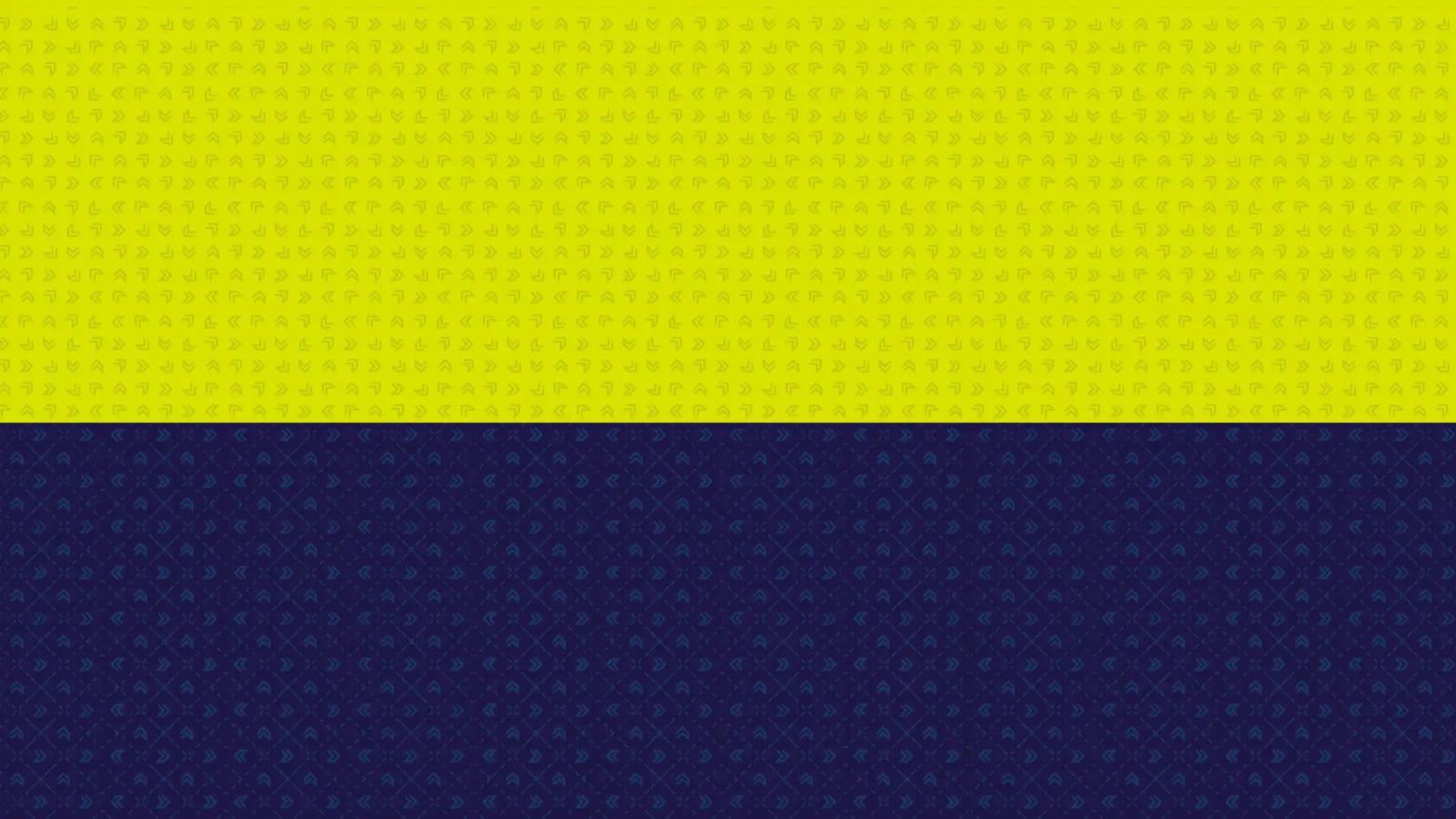 Fondo dividido horizontalmente en dos texturas de patrones repetitivos, con la mitad superior mostrando flechas geométricas sutiles sobre amarillo neón y la mitad inferior presentando el mismo diseño en azul claro sobre fondo azul oscuro