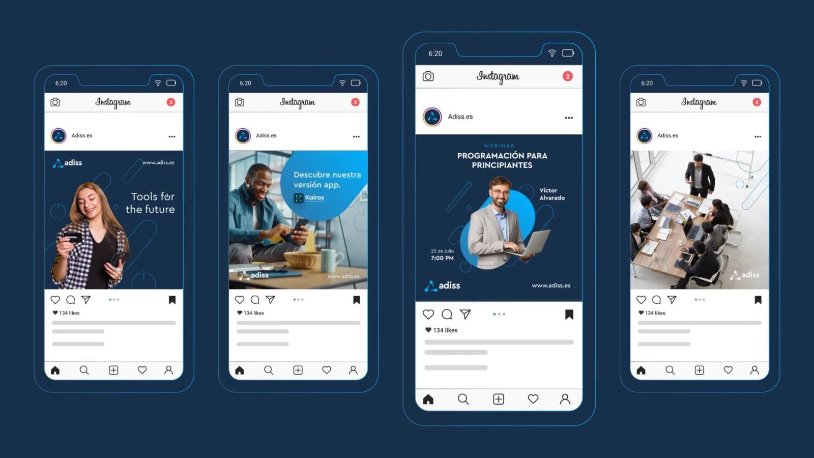 Cuatro pantallas de teléfonos móviles mostrando el feed de Instagram de la cuenta Adiss.es, con publicaciones que incluyen una mujer con el texto 'Tools for the future', un anuncio de la app Kairos, un flyer de webinar de programación y una foto de reunión
