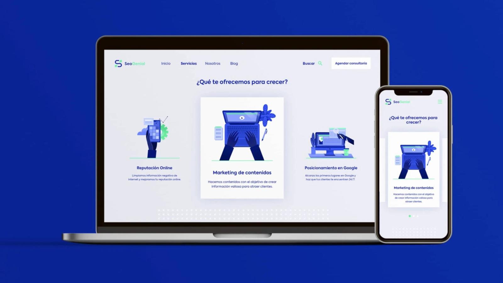 Interfaz de la página web 'Seo Genial' mostrada en una computadora portátil y un teléfono móvil, destacando servicios de marketing de contenidos, reputación online y posicionamiento en Google con ilustraciones minimalistas en tonos azules