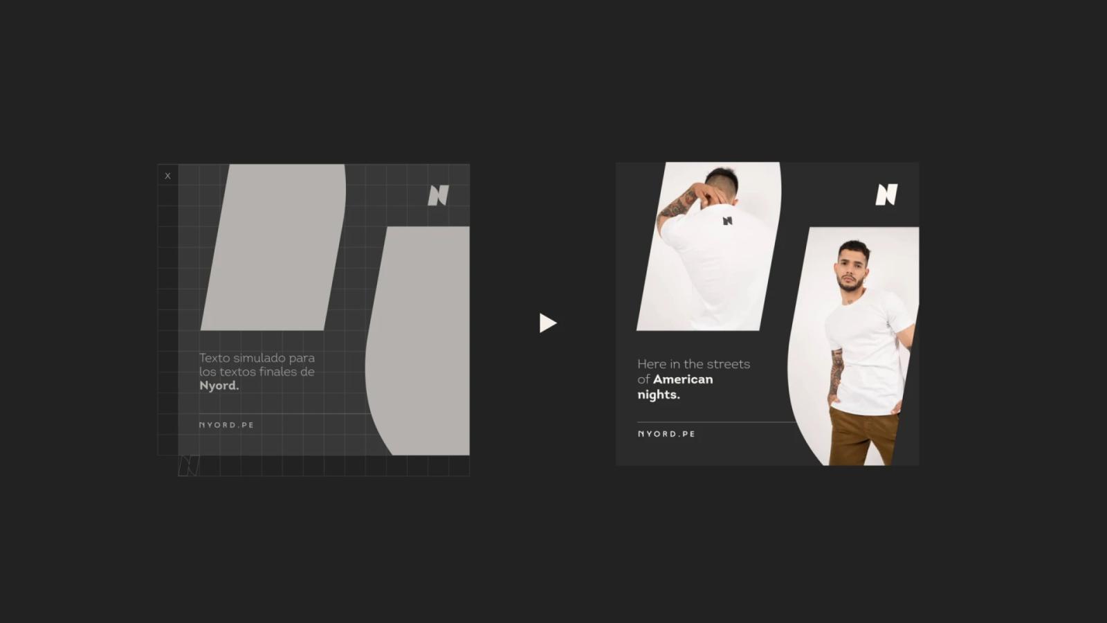 Comparativa de diseño de post para redes sociales de NYORD mostrando el wireframe con retícula a la izquierda y el arte final con fotografía de modelo masculino y tipografía moderna sobre fondo oscuro a la derecha