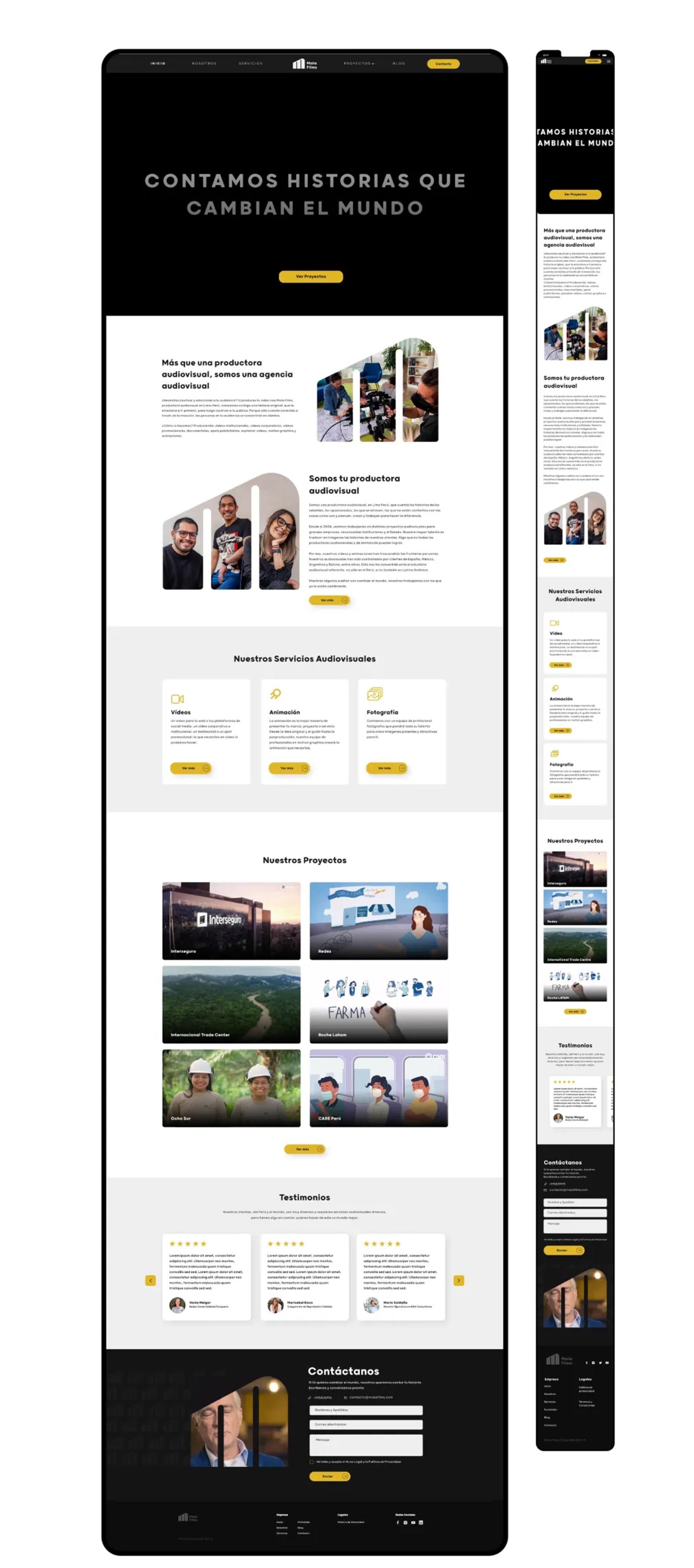 Diseño web responsive para Maia Films mostrando versiones de escritorio y móvil con secciones de servicios proyectos y testimonios en una interfaz elegante de colores negro blanco y amarillo dorado