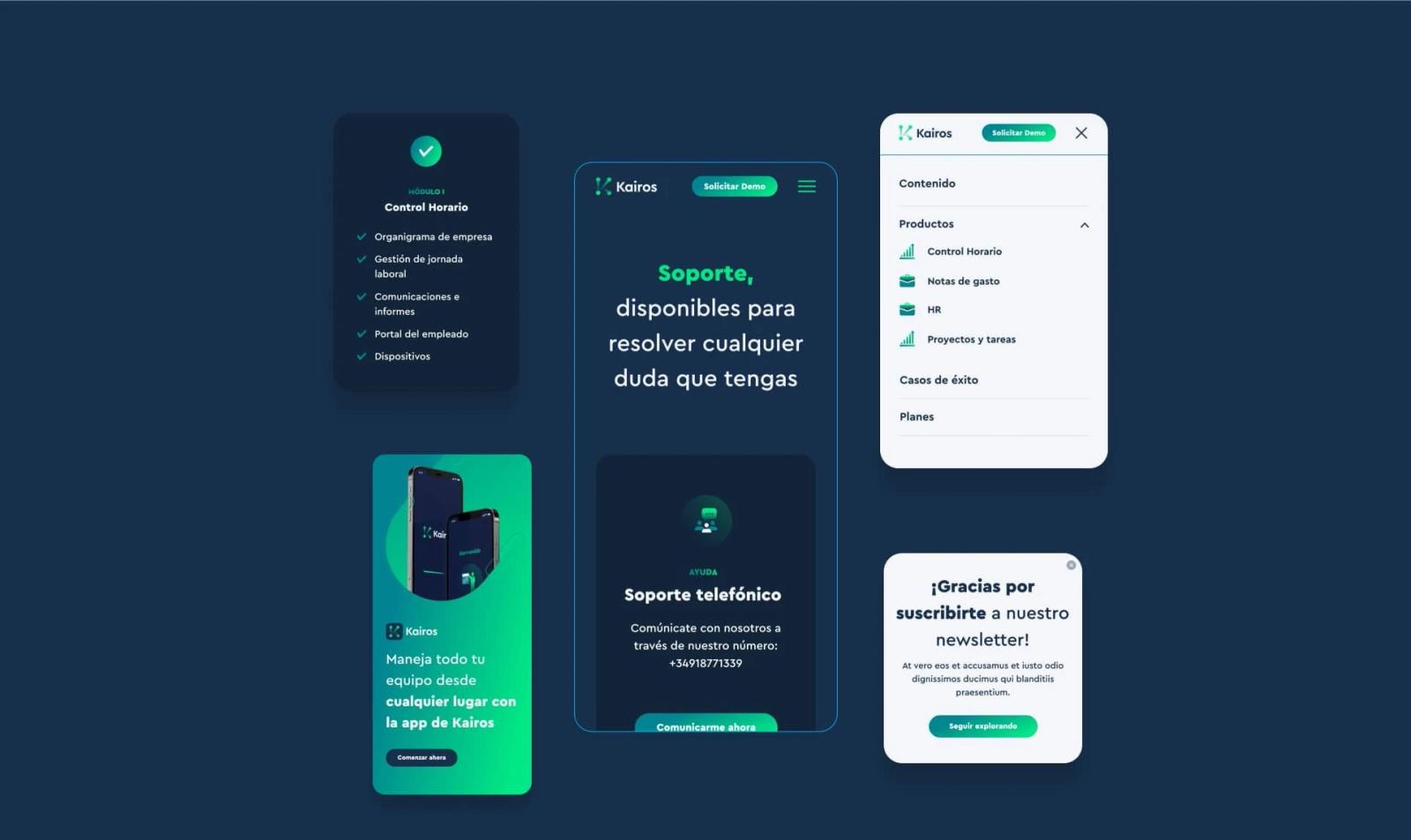 Interfaces móviles de la app Kairos con diseño en modo oscuro y claro presentando módulos de control horario soporte técnico menú de navegación y popups de suscripción con acentos en verde degradado