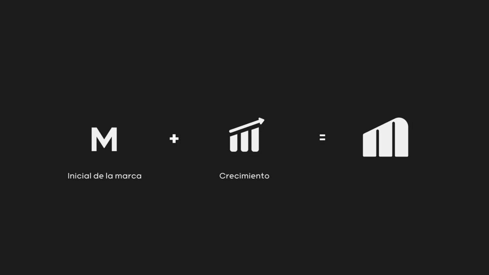 Esquema conceptual de diseño de logotipo sumando la inicial M y un gráfico de crecimiento para formar el isotipo final de tres barras verticales sobre fondo negro