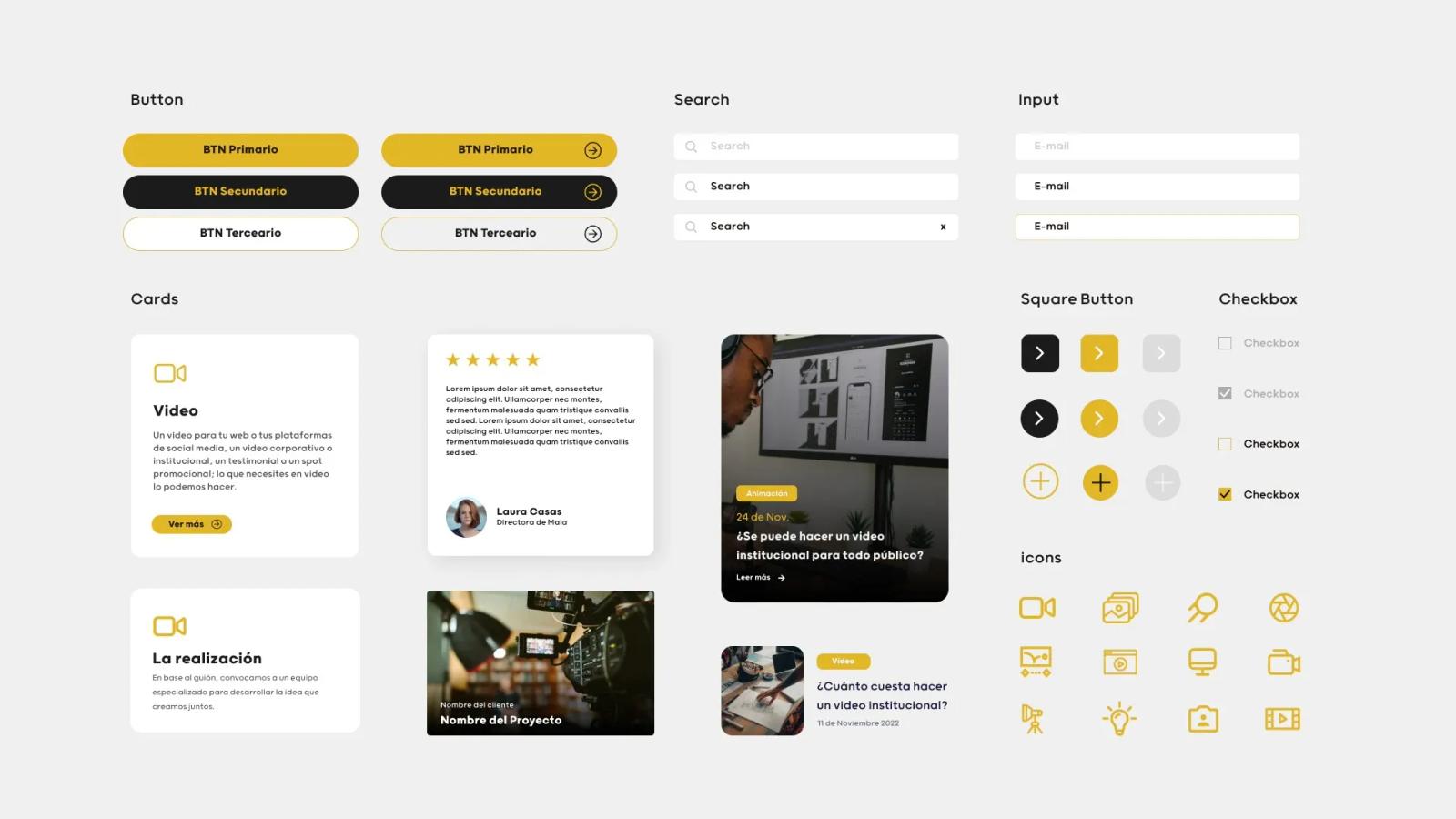 Sistema de diseño UI con kit de componentes web incluyendo botones amarillos y negros campos de búsqueda tarjetas de contenido checkboxes y colección de iconos lineales dorados de video sobre fondo claro