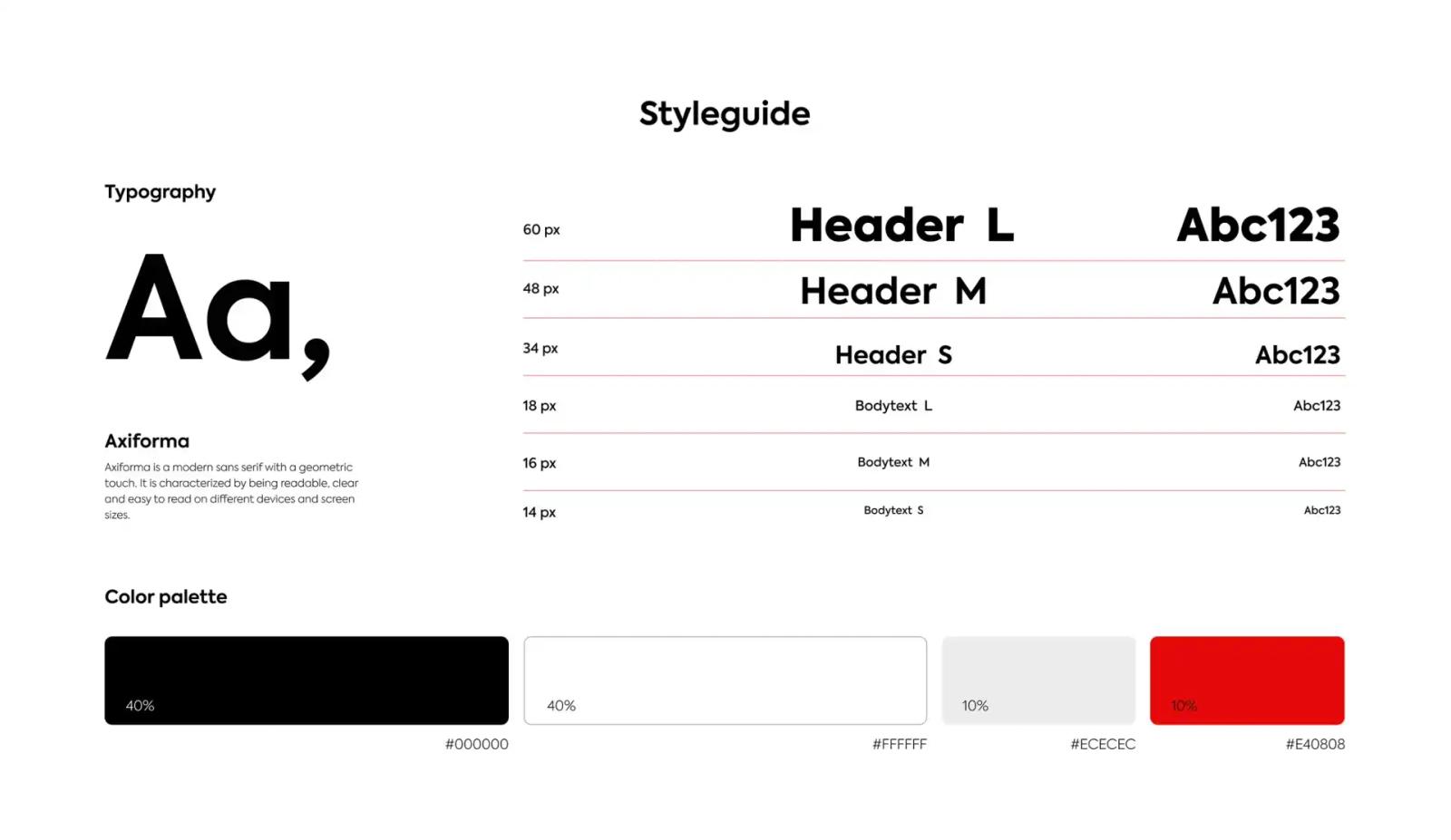 Guía de estilo (Styleguide) que muestra tipografía, jerarquía de encabezados y paleta de colores en blanco, negro y rojo