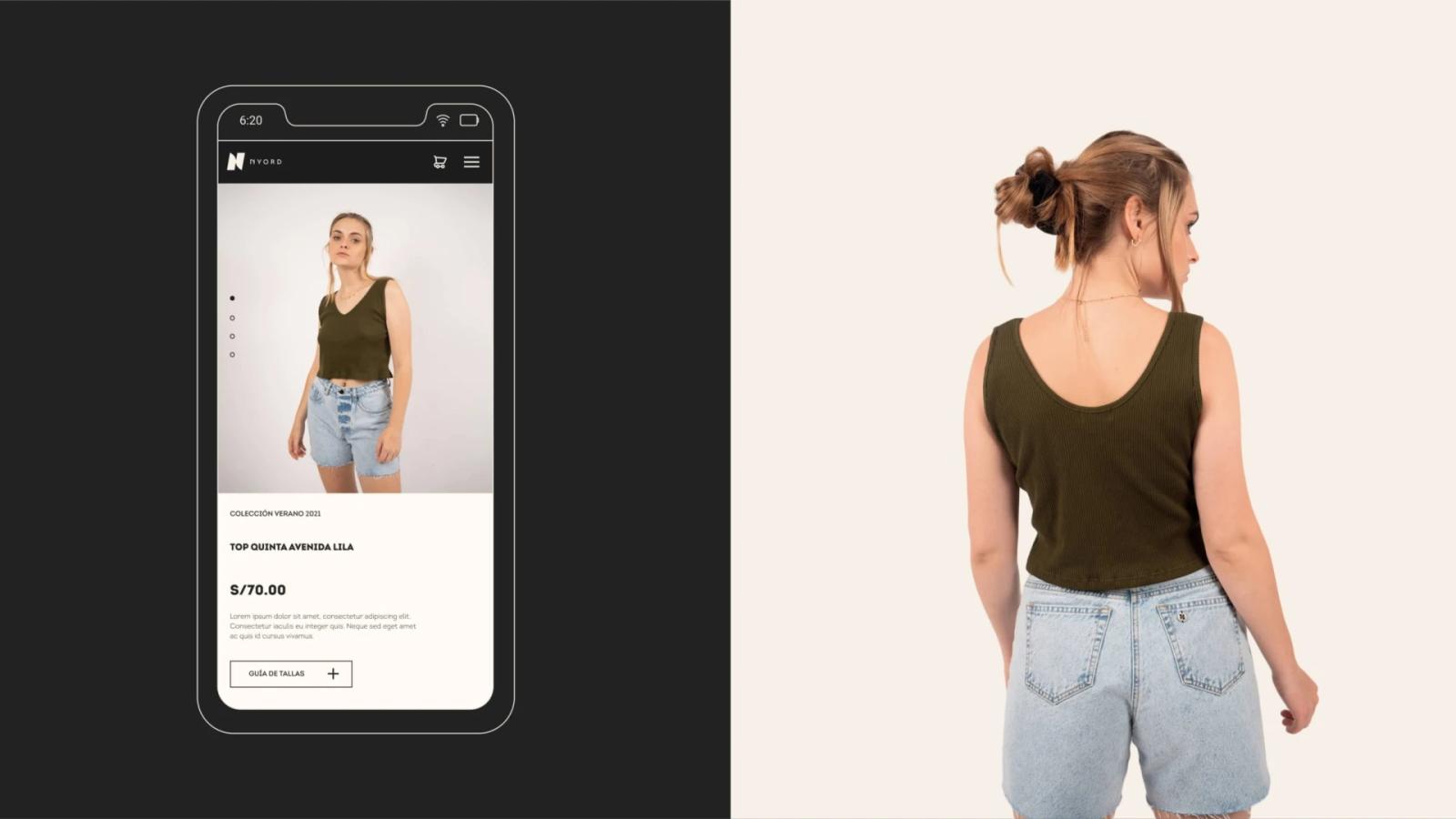 App móvil e-commerce Nyord sobre fondo negro junto a fotografía de modelo de espaldas luciendo top verde oliva y shorts de jean en un diseño minimalista de moda