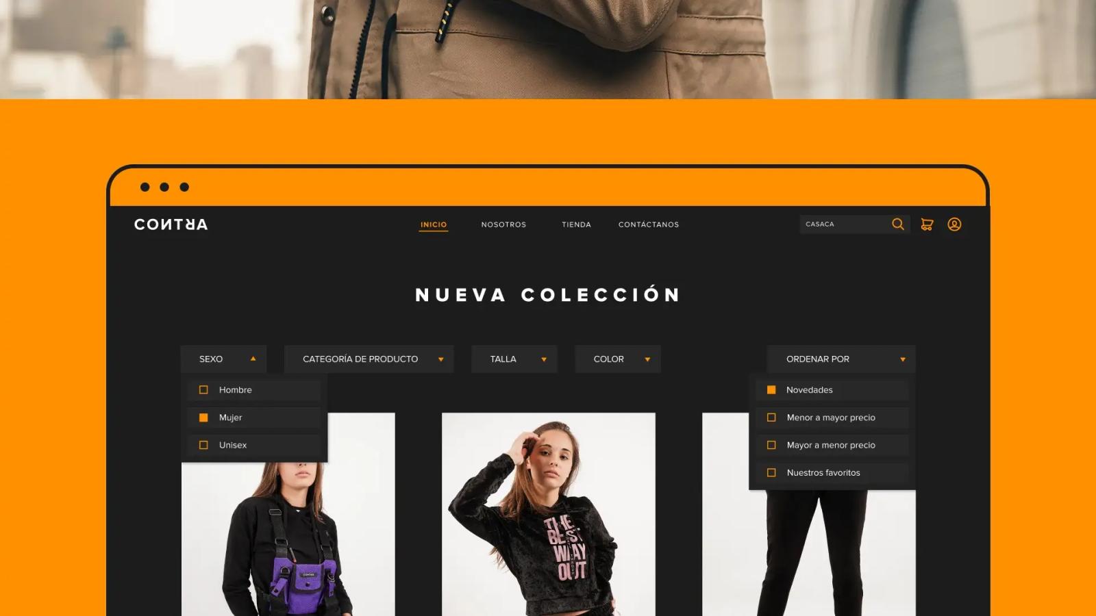 Catálogo de ropa en diseño web con fondo oscuro y acentos naranjas