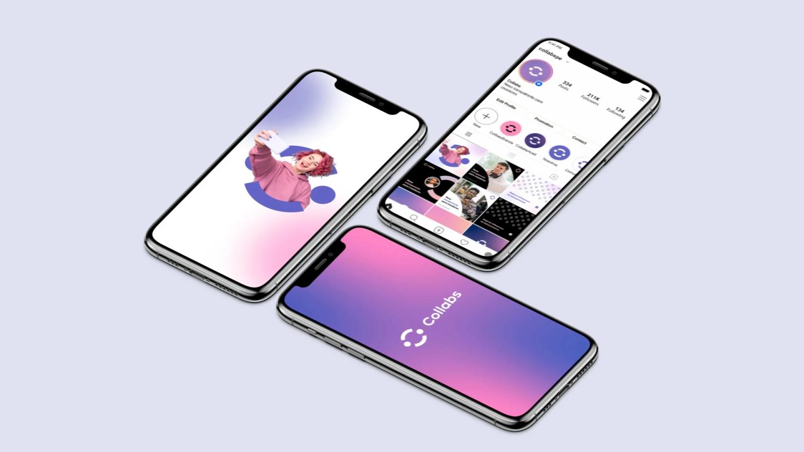 Tres teléfonos inteligentes sobre fondo claro mostrando la identidad digital de 'Collabs', incluyendo una pantalla de inicio con logotipo y degradado, un perfil de Instagram y una imagen de una creadora de contenido con cabello rosa