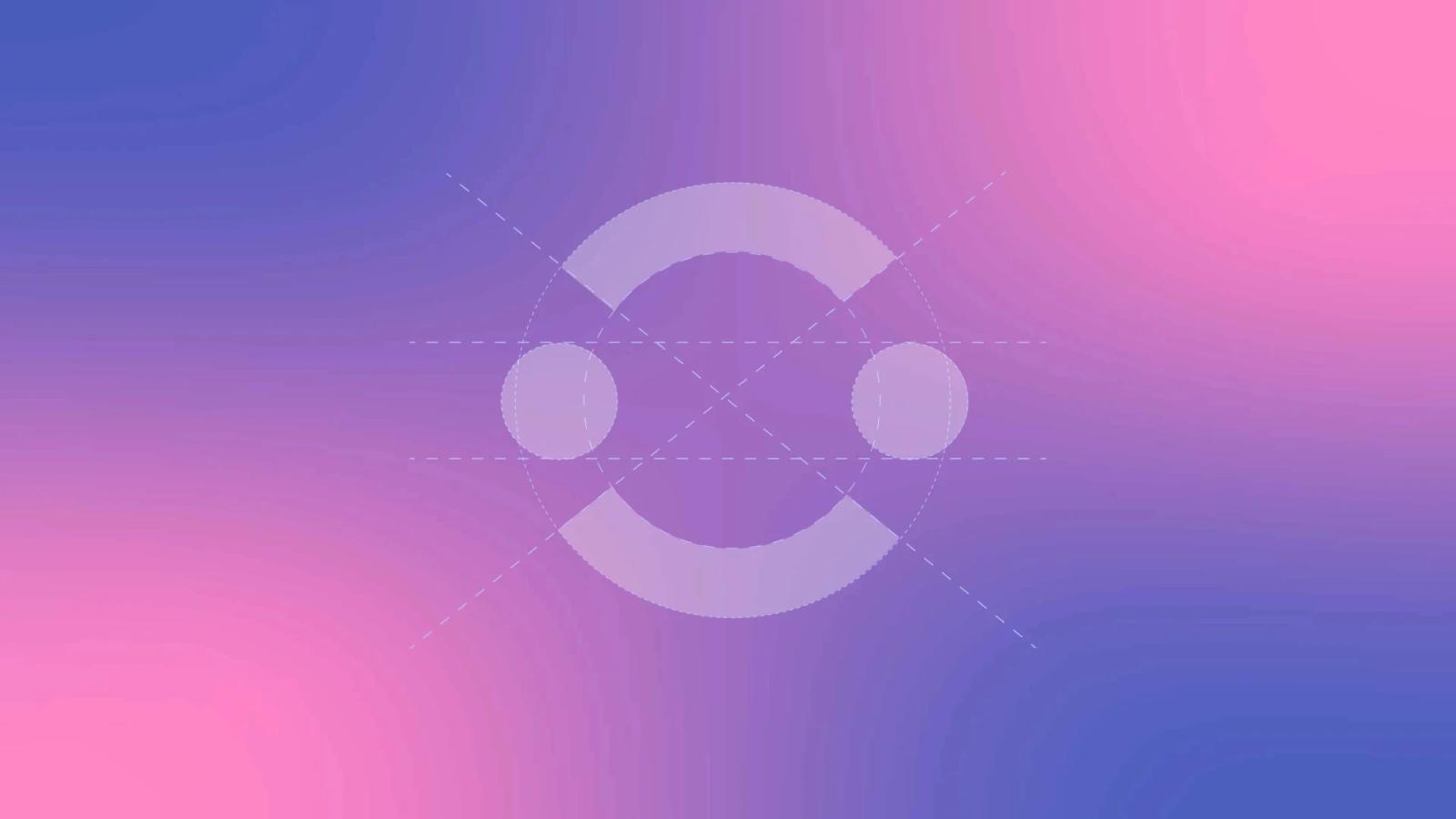 Esquema geométrico de construcción de un logotipo sobre fondo degradado de azul a rosa, mostrando formas circulares y arcos blancos semitransparentes con líneas guía punteadas para definir sus proporciones