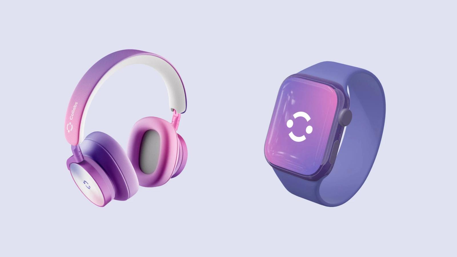 Mockup de auriculares y reloj inteligente smartwatch personalizados con el degradado corporativo morado y rosa y el logotipo de Collabs