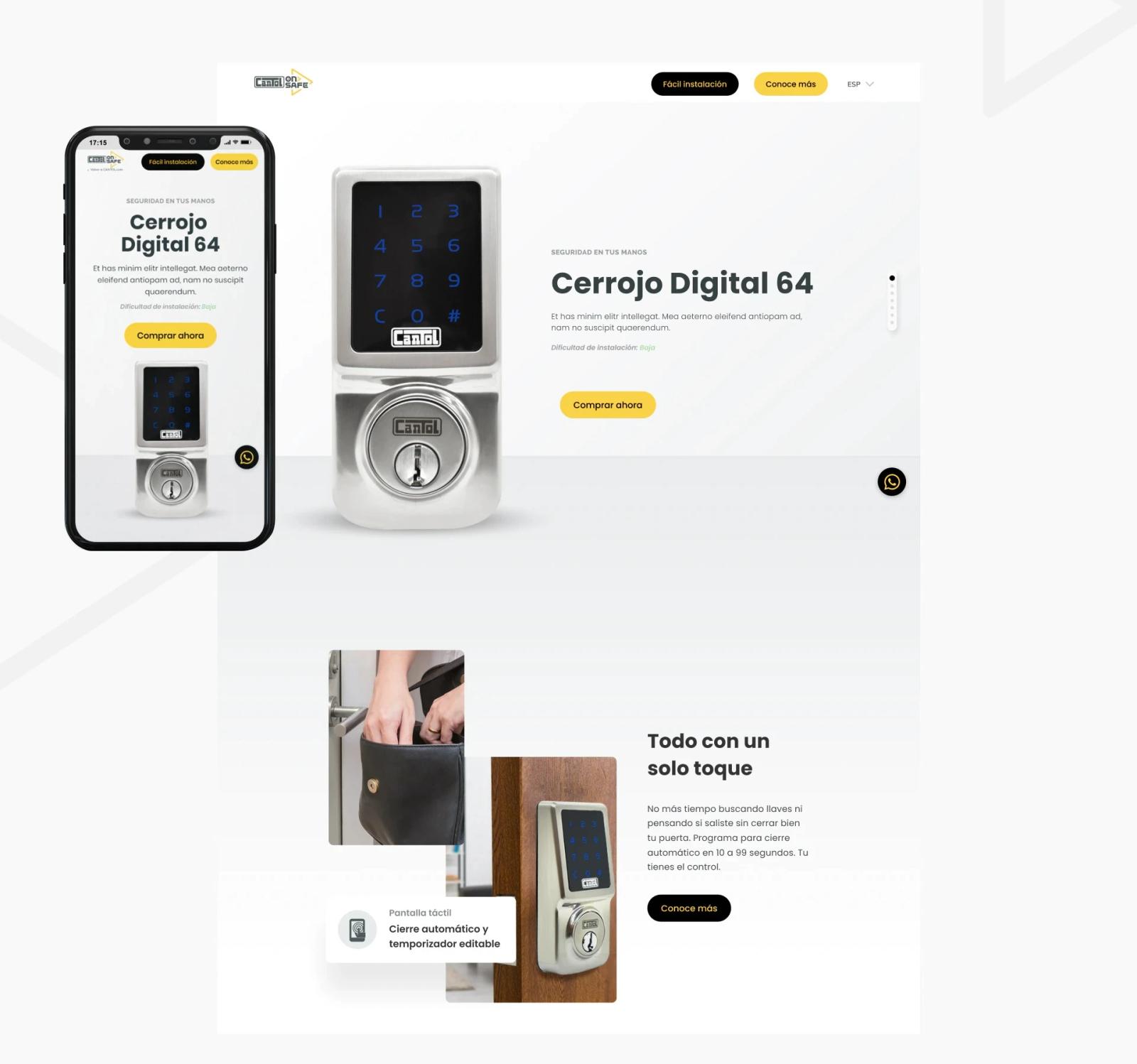 Diseño web responsive para Cantol mostrando la interfaz móvil y de escritorio del producto Cerrojo Digital 64 con botones de compra amarillos y fotografías de estilo de vida demostrando el uso de la cerradura inteligente