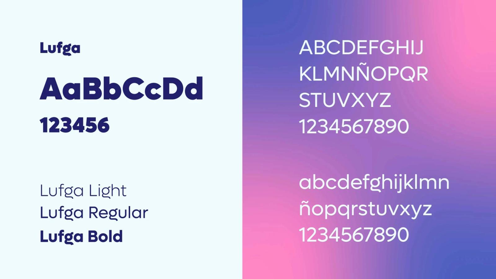 Presentación de la tipografía Lufga dividida en dos secciones: izquierda con fondo azul claro mostrando pesos Light, Regular y Bold en azul oscuro; derecha con fondo degradado de morado a rosa mostrando el alfabeto completo