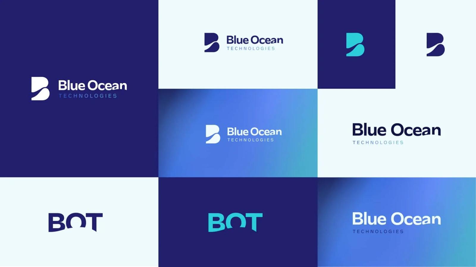 Muestra de variaciones de marca de Blue Ocean Technologies con logotipos e isotipos sobre fondos azules y blancos incluyendo la sigla BOT y diseños con degradados