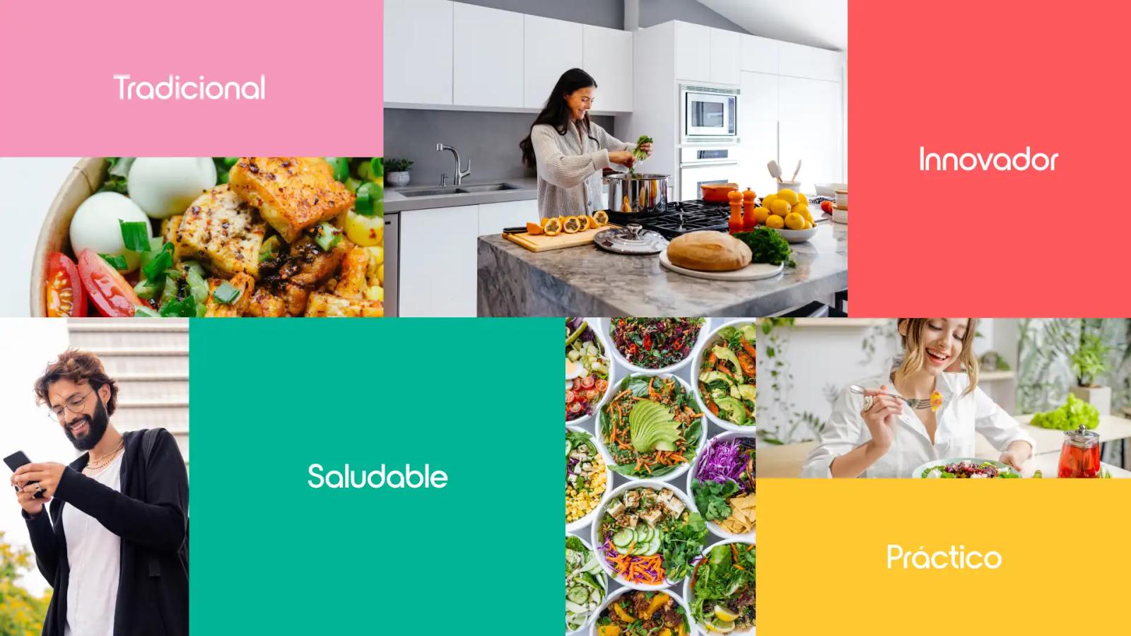 Composición visual con fotografías de comida y personas sobre bloques de color corporativo