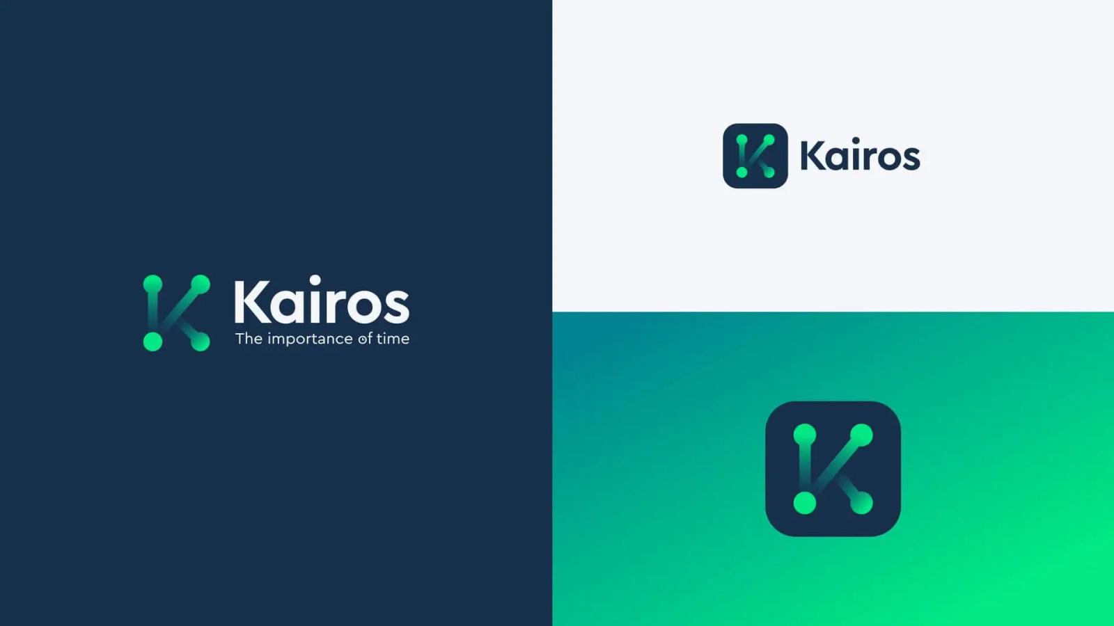 Variantes del logotipo de Kairos sobre fondos azul oscuro blanco y degradado verde mostrando el isotipo de letra K formado por nodos conectados y el eslogan The importance of time