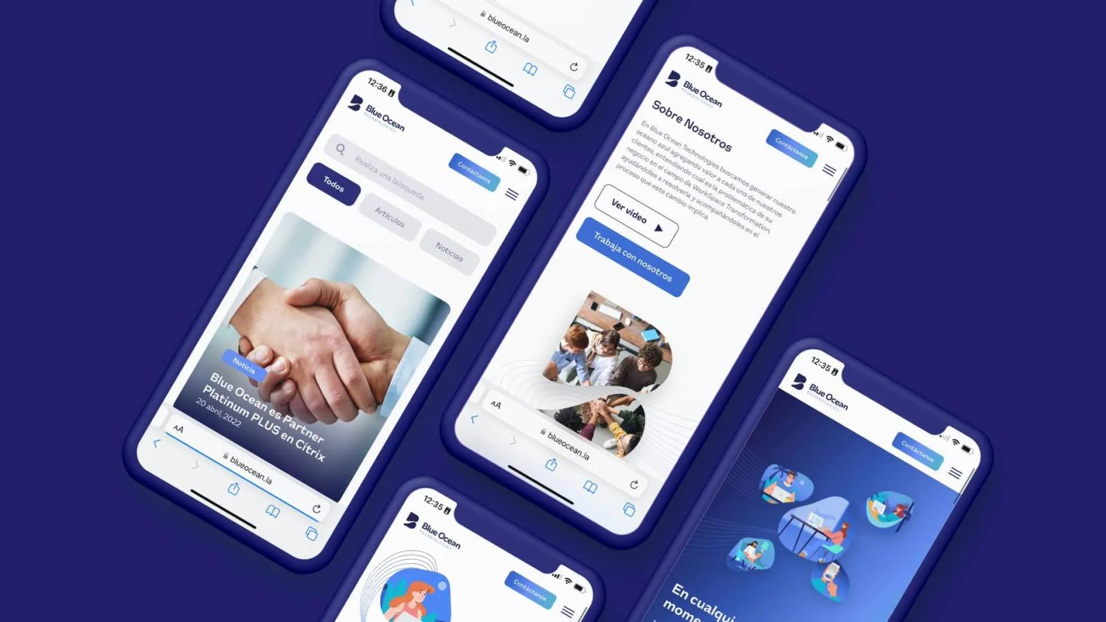 Diseño web móvil para Blue Ocean Technologies mostrando múltiples pantallas de smartphones con secciones de noticias y sobre nosotros en una interfaz azul corporativa