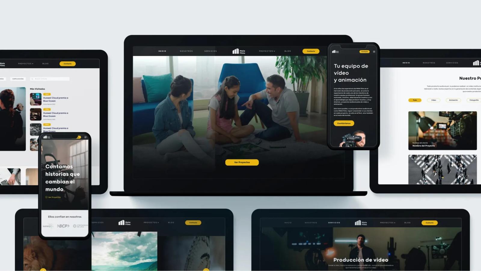 Mockup responsive del sitio web de Maia Films en múltiples dispositivos con interfaz oscura y detalles amarillos mostrando escenas de producción audiovisual y el encabezado Tu equipo de video y animación