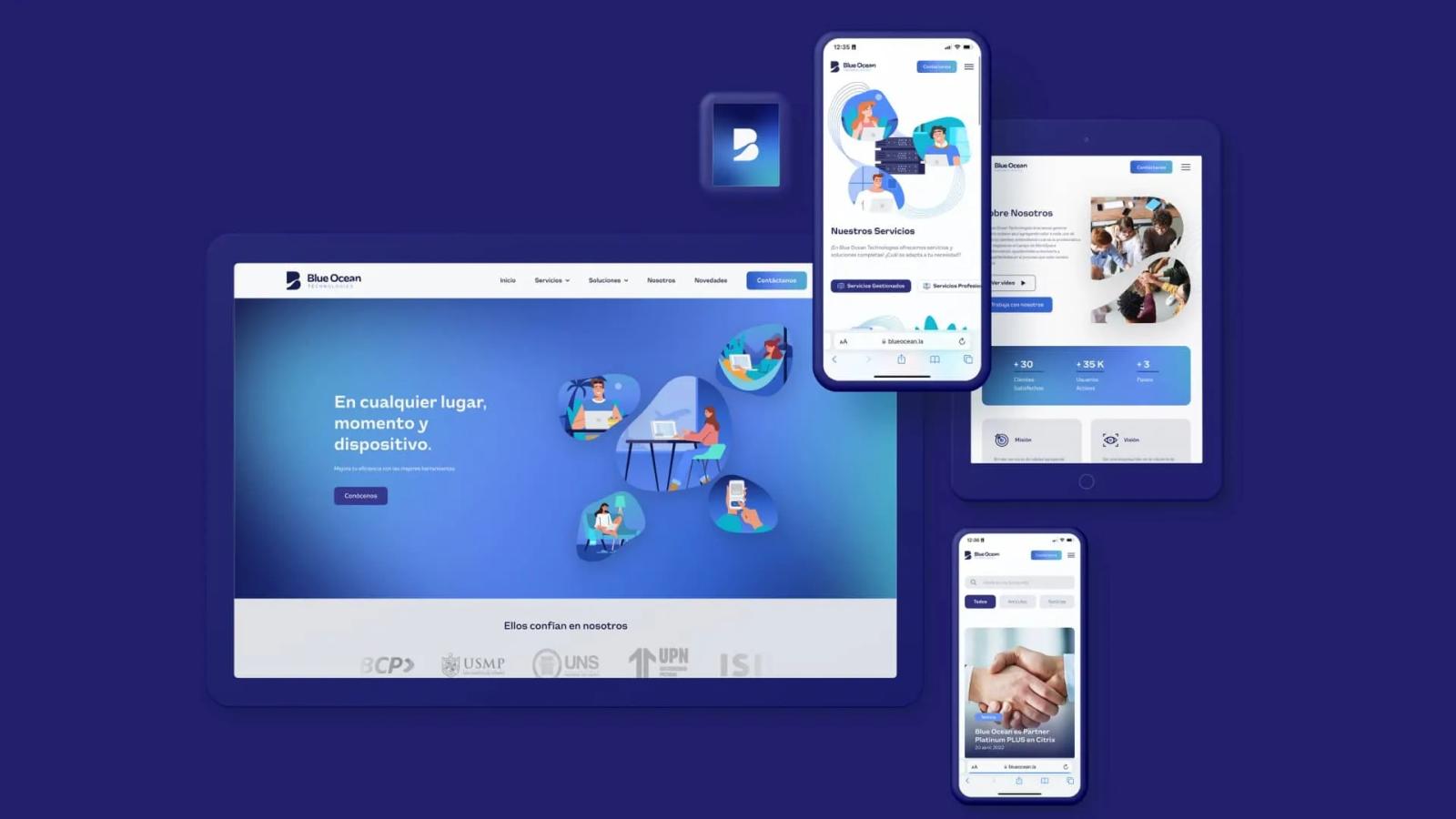 Sitio web responsive de Blue Ocean Technologies mostrado en escritorio tablet y móvil con interfaz azul ilustraciones de trabajo remoto y el mensaje En cualquier lugar momento y dispositivo