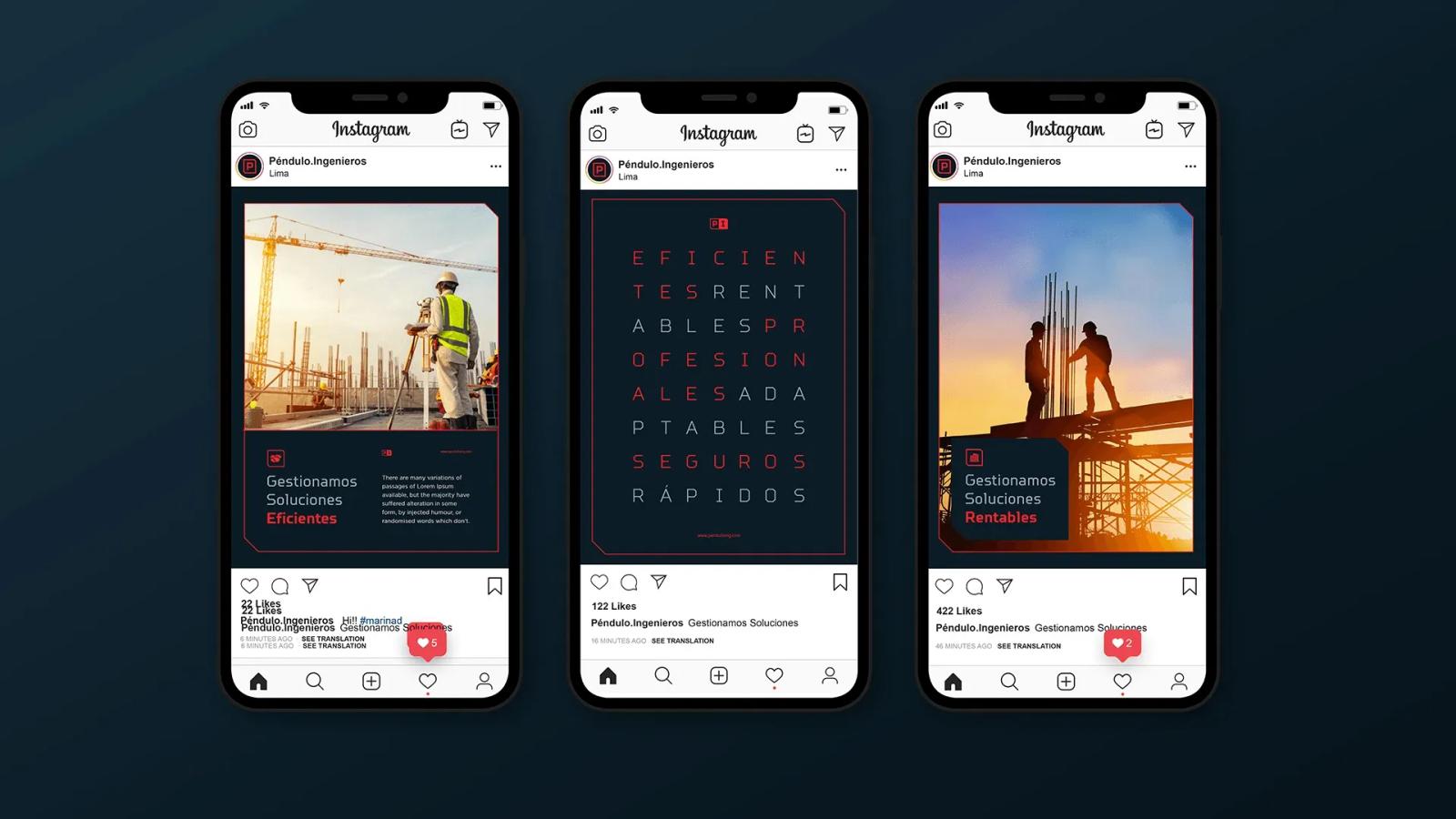Tres teléfonos inteligentes mostrando publicaciones de Instagram de 'Péndulo Ingenieros' con fotografías de obras en construcción, una sopa de letras técnica y trabajadores bajo el eslogan 'Gestionamos Soluciones Eficientes' sobre fondos oscuros