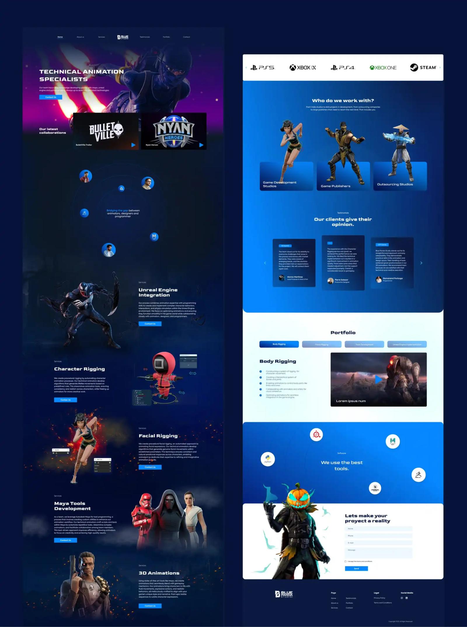 Vista completa de un diseño web de página única (landing page) con secciones sobre servicios de animación, portafolio y marcas colaboradoras en tonos azules