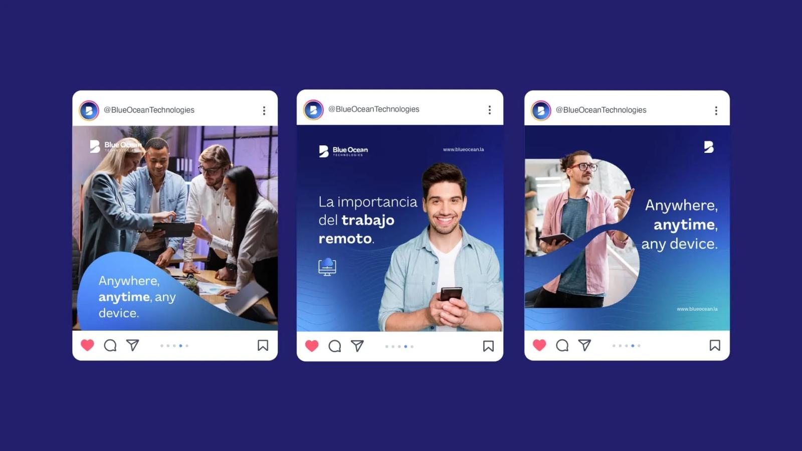 Tres publicaciones para redes sociales de Blue Ocean Technologies sobre trabajo remoto y conectividad mostrando personas en entornos laborales con diseño corporativo azul y eslogan en inglés