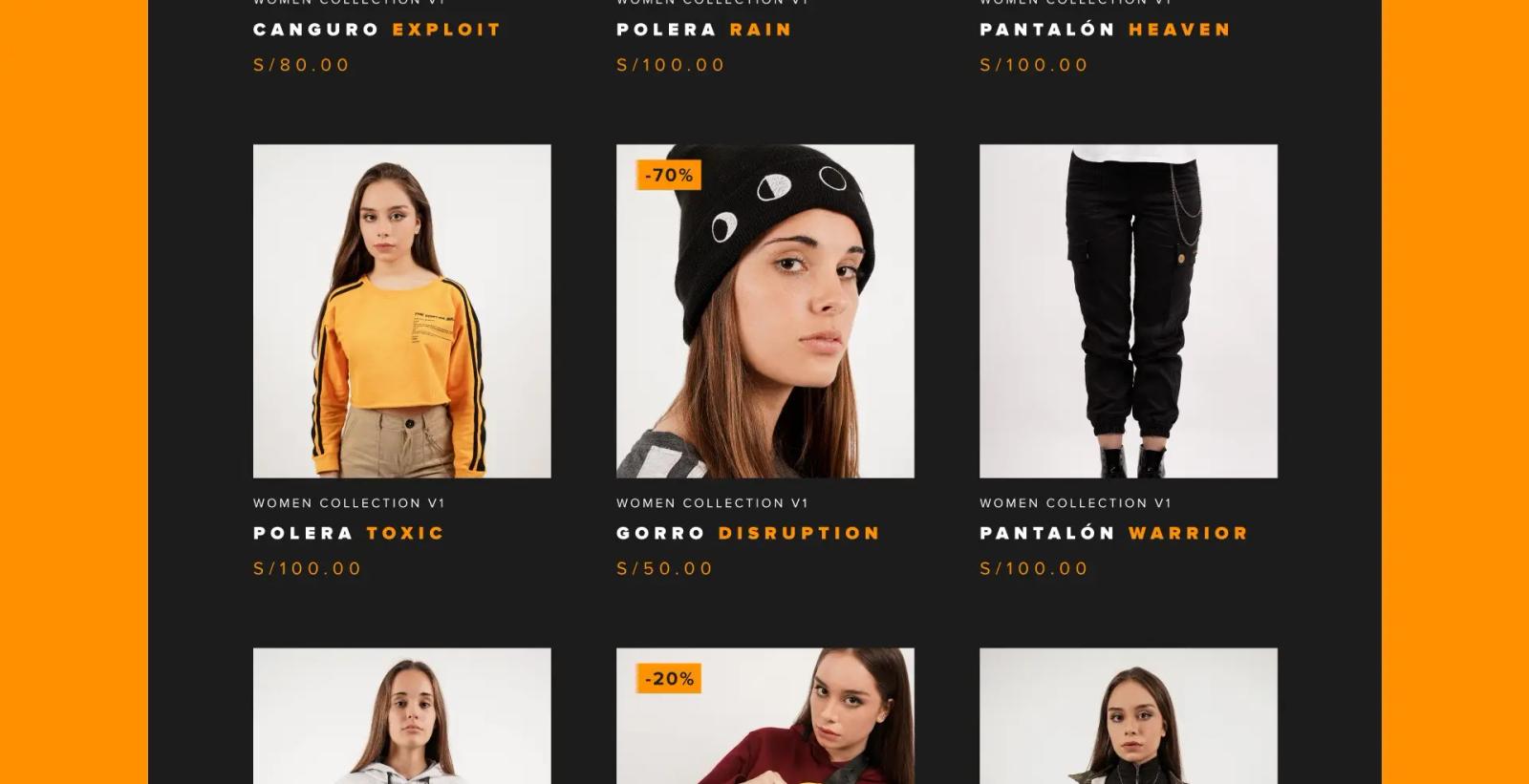 Galería de productos de moda en interfaz web con fondo oscuro