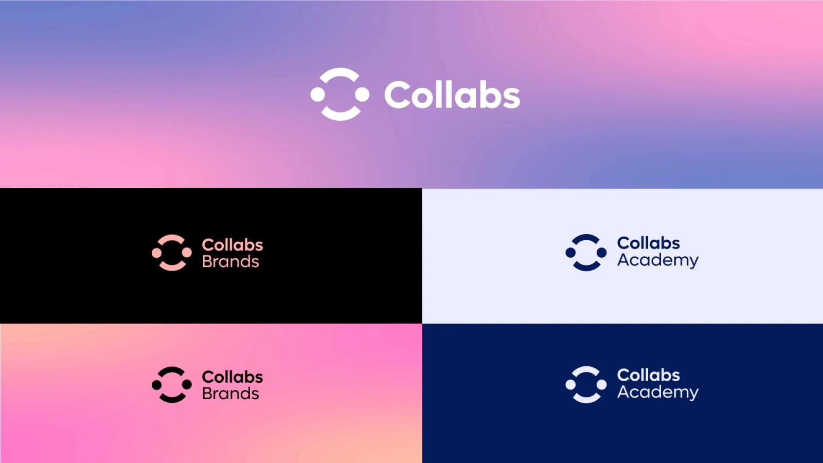 Arquitectura de marca de Collabs mostrando el logotipo principal y las variantes de las sub-marcas Collabs Brands y Collabs Academy aplicadas sobre fondos de color degradado, negro, blanco y azul oscuro