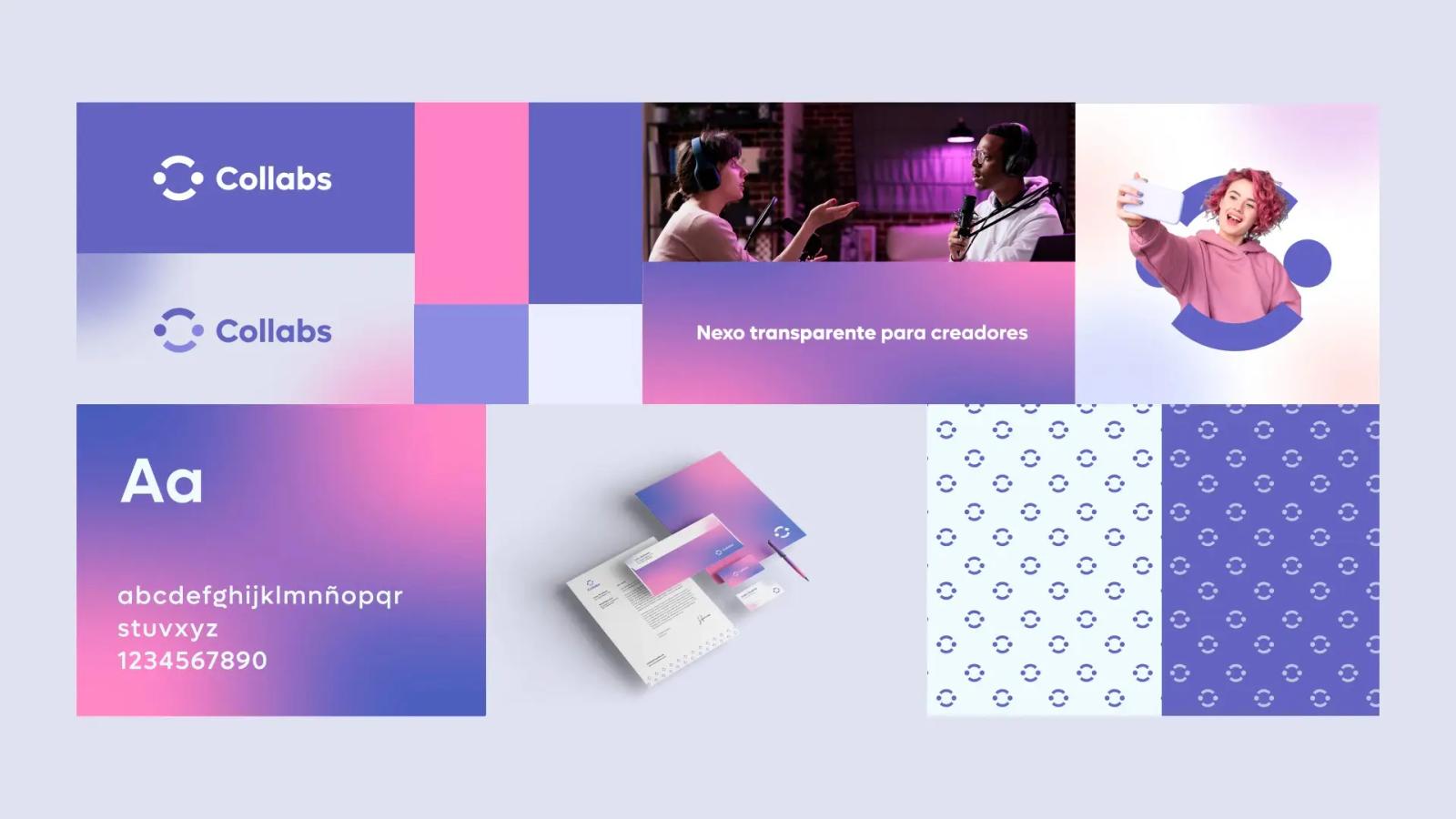 Tablero de identidad visual de la marca 'Collabs' reuniendo logotipos, fotografía de podcasters con el eslogan 'Nexo transparente para creadores', imagen de una mujer tomándose una selfie, muestra tipográfica, papelería corporativa y patrones