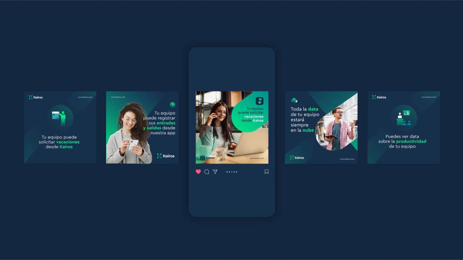 Carrusel de redes sociales para Kairos con diseño azul y verde mostrando publicaciones sobre solicitud de vacaciones registro de asistencia y análisis de productividad del equipo mediante aplicación móvil