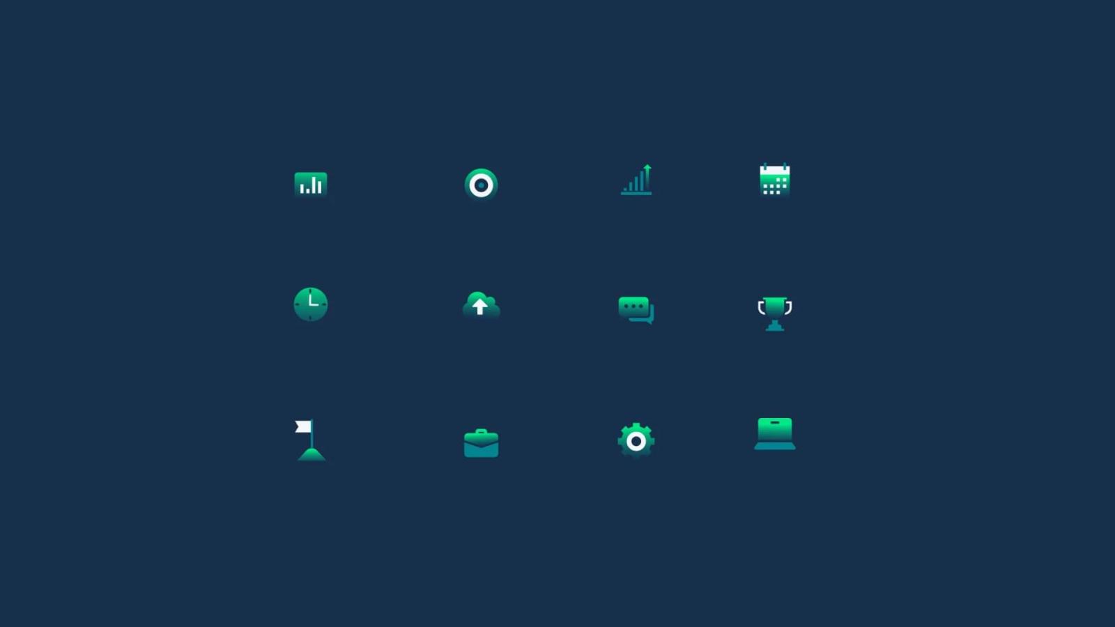 Colección de 12 iconos vectoriales minimalistas en degradado verde y cian sobre fondo azul oscuro representando herramientas de productividad como gráficos calendario reloj nube mensajería configuración y dispositivos