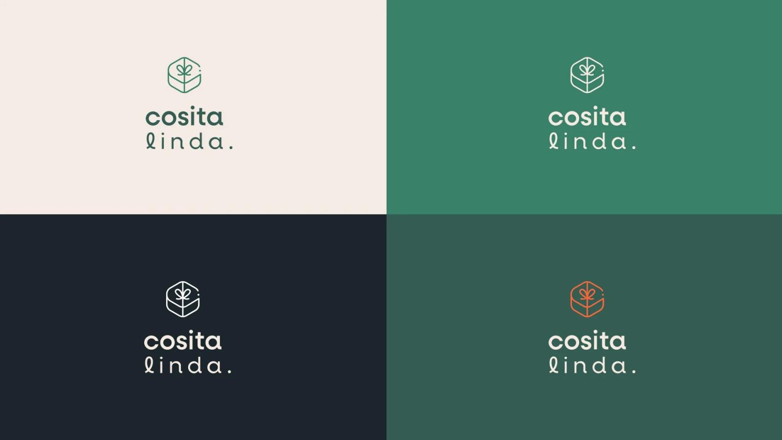 Presentación de la identidad visual de Cosita Linda mostrando variaciones del logotipo en cuatro combinaciones de colores corporativos: crema, verde, negro y naranja