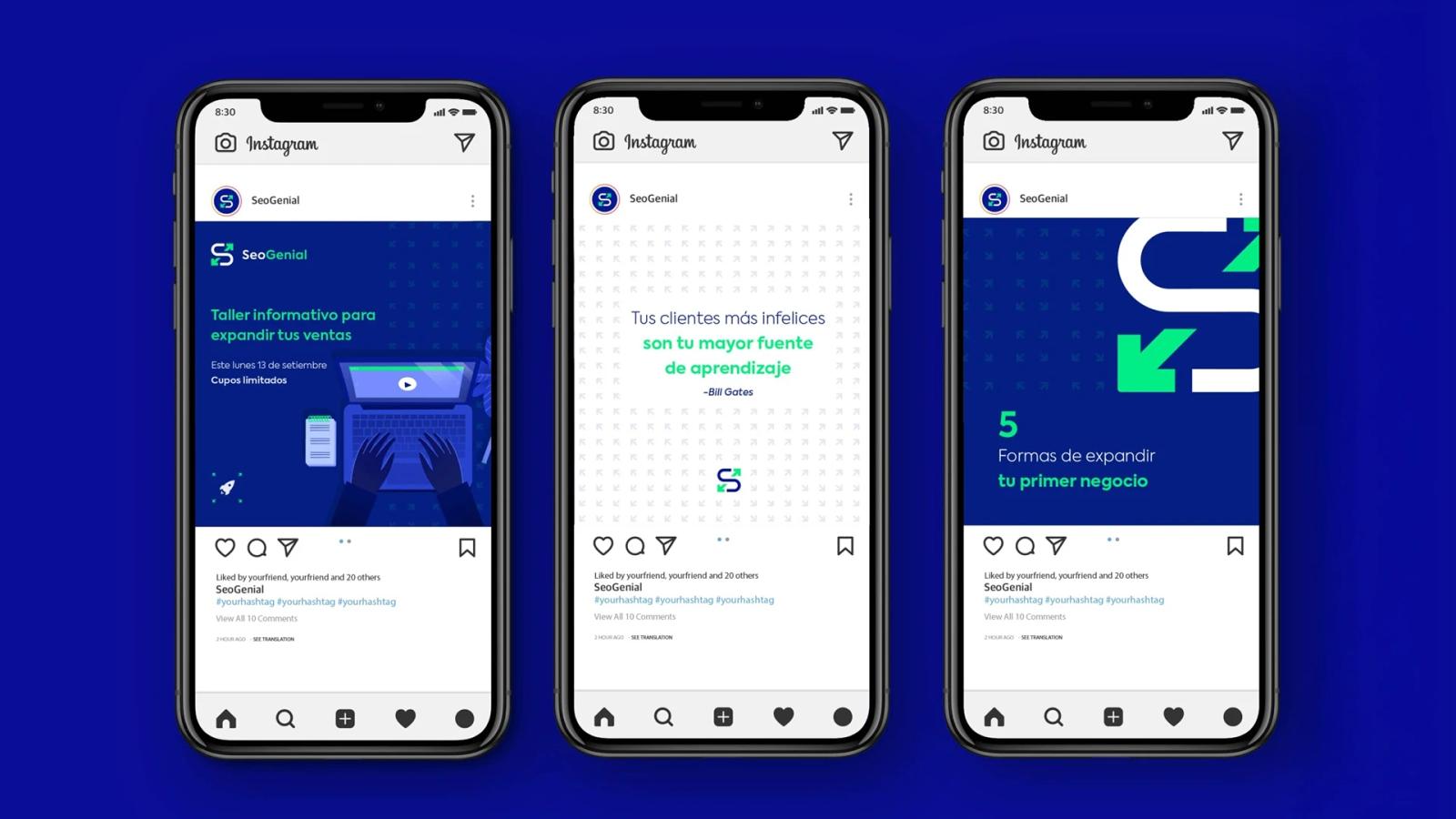 Tres teléfonos inteligentes mostrando publicaciones de Instagram de 'SeoGenial', que incluyen un anuncio de taller informativo, una cita motivacional de Bill Gates y un gráfico sobre formas de expandir un negocio con el logotipo de flechas