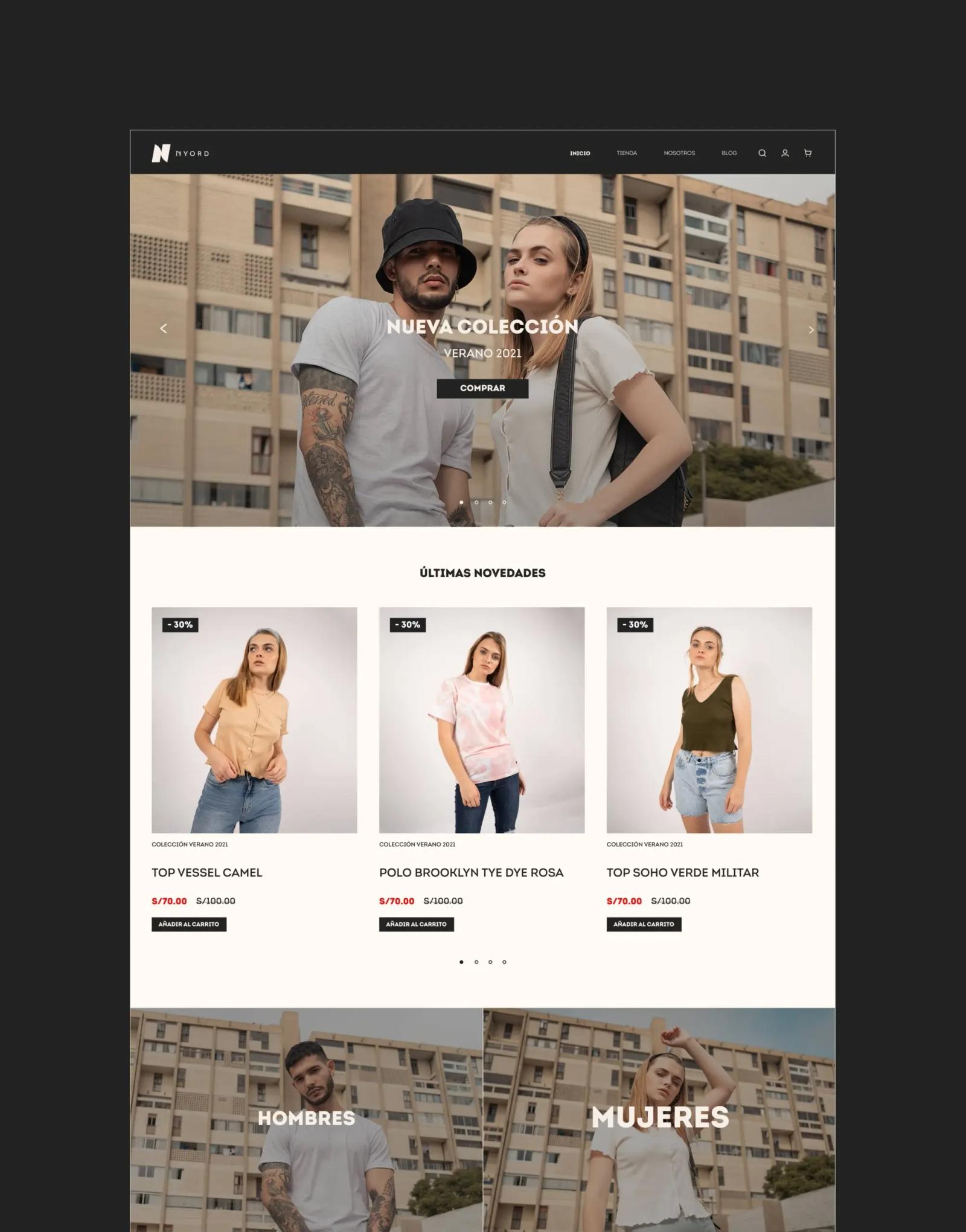 Sitio web e-commerce de moda Nyord presentando la nueva colección de verano con fotografías de modelos urbanos catálogo de productos destacados y secciones de ropa para hombre y mujer