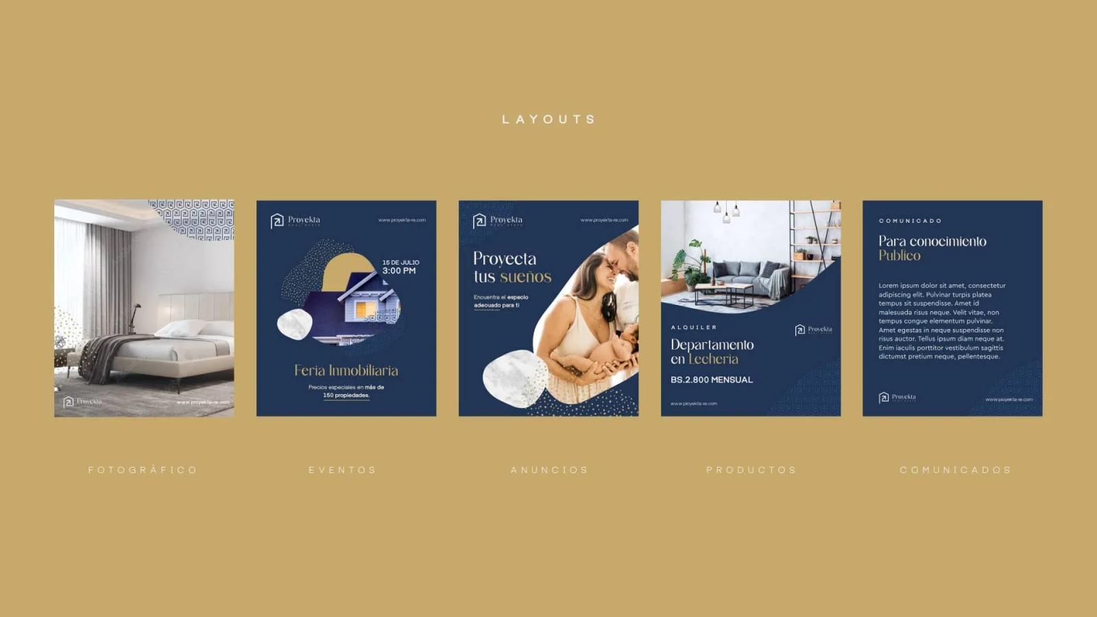 Colección de cinco diseños de layouts para redes sociales de Proyekta Real Estate abarcando categorías de fotografía eventos anuncios y productos con estética corporativa en azul y dorado