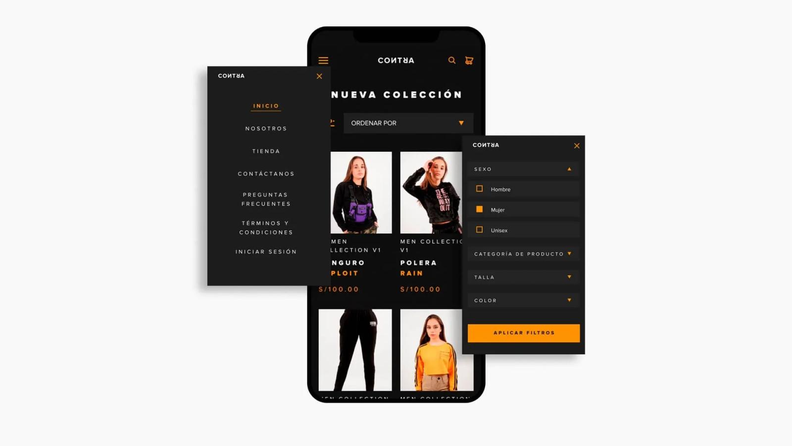 Vista de aplicación móvil de ecommerce de ropa mostrando nueva colección menú lateral y catálogo de productos en mockup de smartphone
