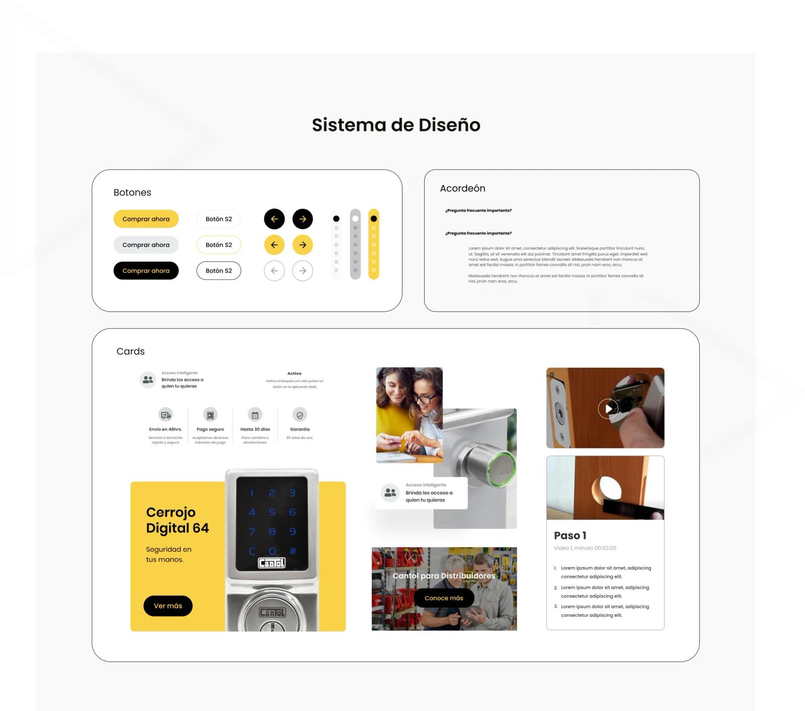Presentación de componentes de interfaz bajo el título 'Sistema de Diseño', dividida en secciones de 'Botones' con variantes de color y navegación, 'Acordeón' con textos desplegables y 'Cards' mostrando tarjetas de productos de seguridad digital y elemento