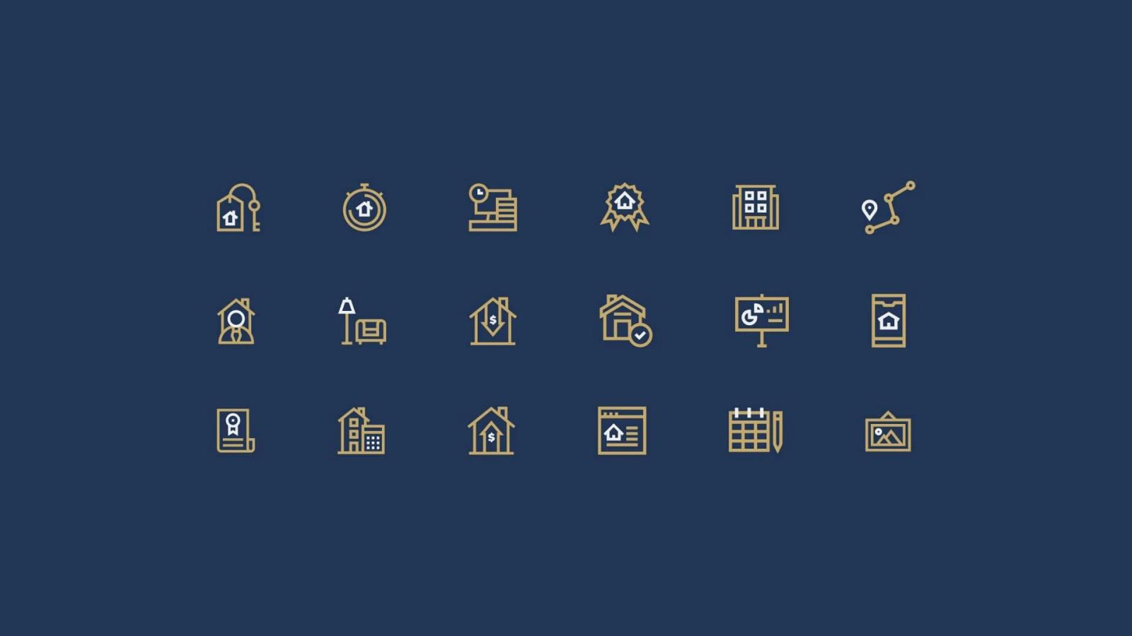 Colección de 18 iconos lineales en dorado sobre fondo azul oscuro representando elementos inmobiliarios como casas llaves edificios ubicación contratos y mobiliario para diseño de interfaz gráfica
