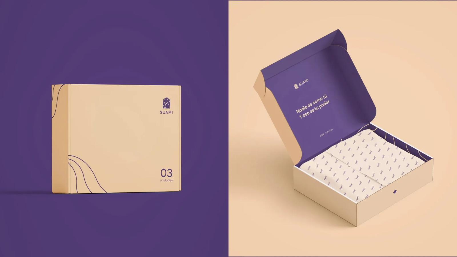 Packaging de la marca con caja y tarjeta en diseño minimalista