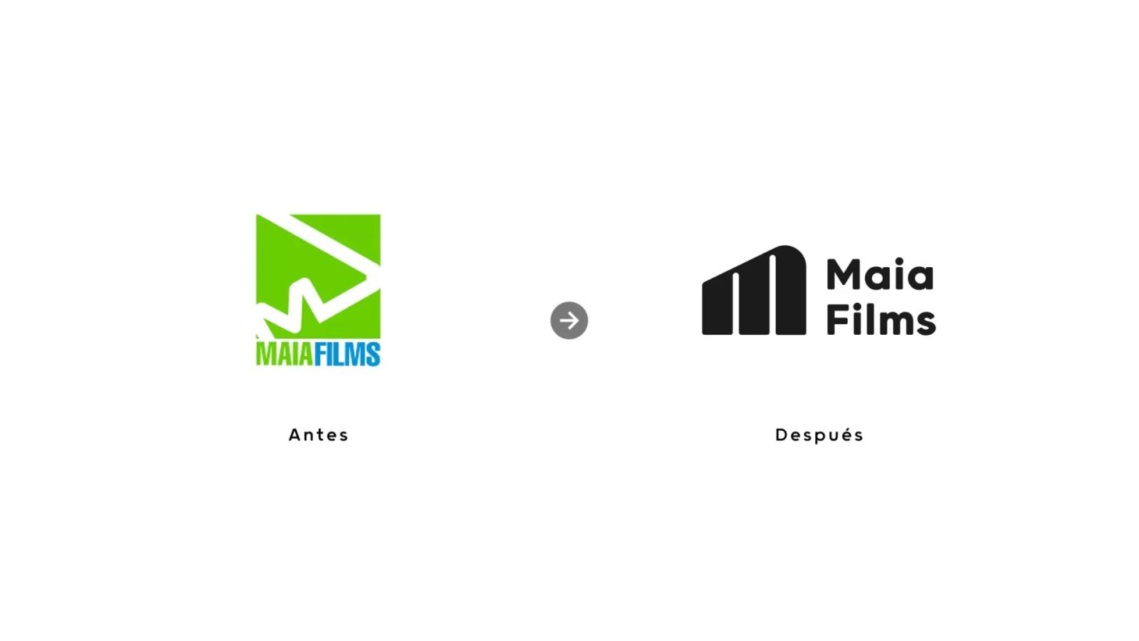 Comparativa de rebranding de Maia Films mostrando la evolución del logotipo antiguo verde y azul hacia la nueva identidad visual minimalista en negro con isotipo de tres barras verticales y tipografía moderna