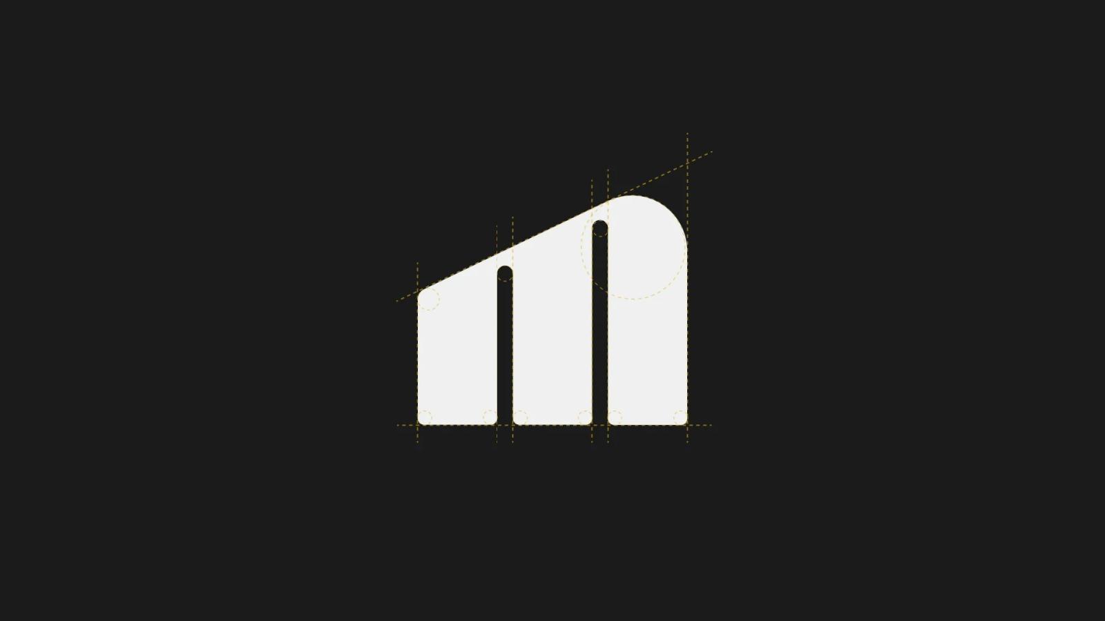 Plano técnico de construcción de logotipo geométrico mostrando una M estilizada o gráfico de barras ascendente en blanco con líneas guía doradas y círculos de proporción sobre fondo negro