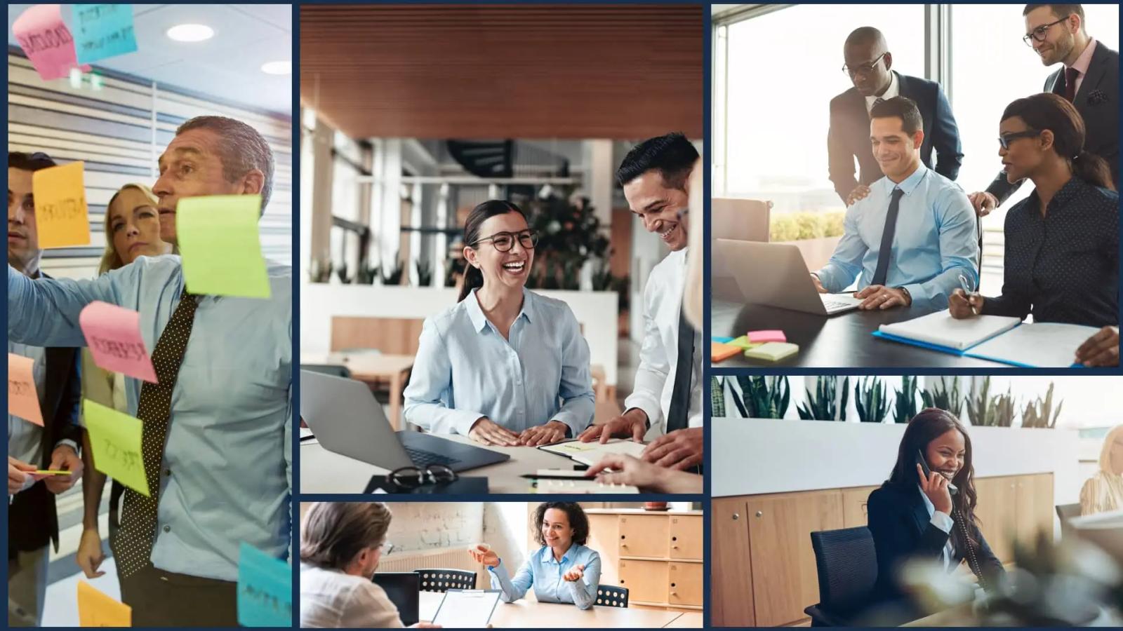 Collage de fotografías corporativas mostrando equipos de trabajo diversos colaborando en reuniones de oficina sesiones de lluvia de ideas con notas adhesivas y profesionales en ambientes de negocios modernos y dinámicos