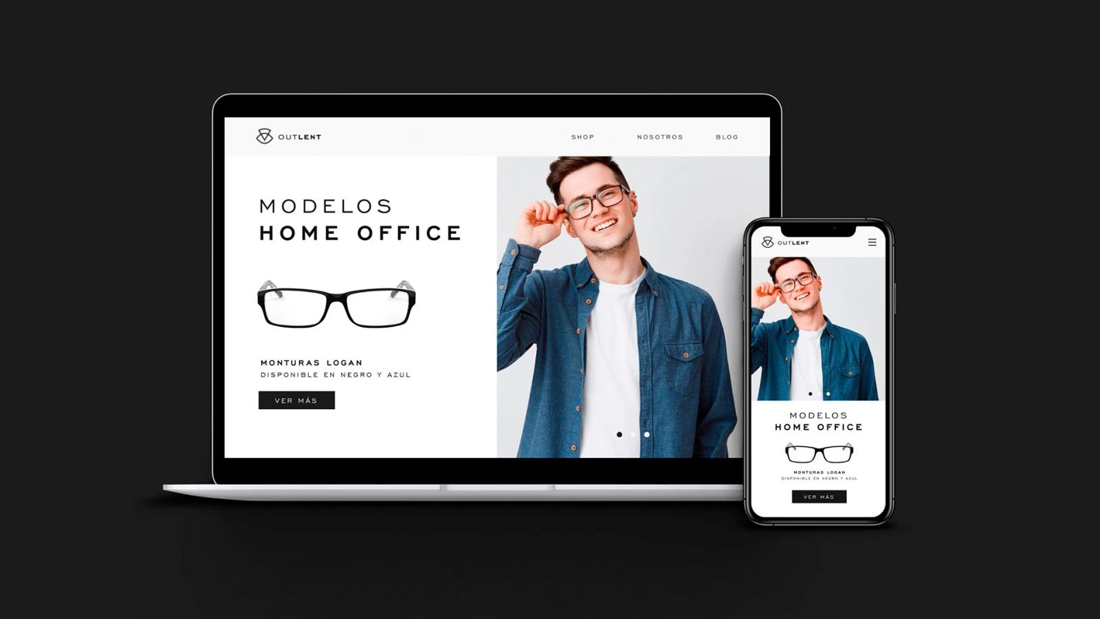Sitio web de lentes mostrado en laptop y móvil con modelo