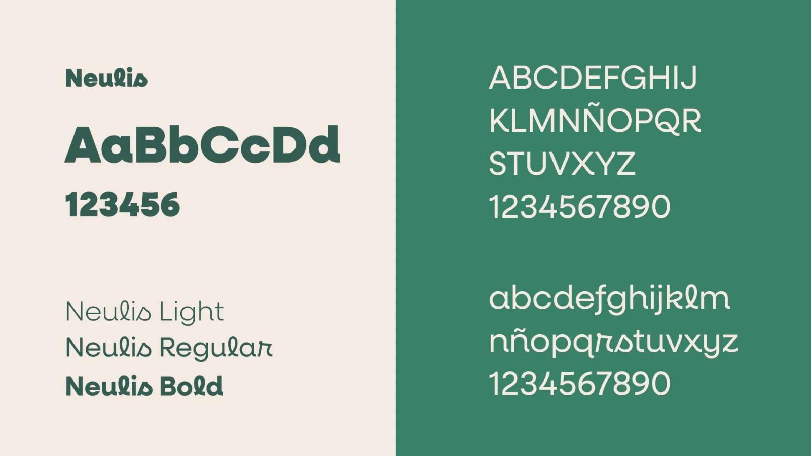 Presentación de la tipografía Neulis dividida en dos secciones: izquierda con fondo beige mostrando pesos Light, Regular y Bold en verde oscuro; derecha con fondo verde mostrando el alfabeto completo en mayúsculas y minúsculas estilizadas junto a números